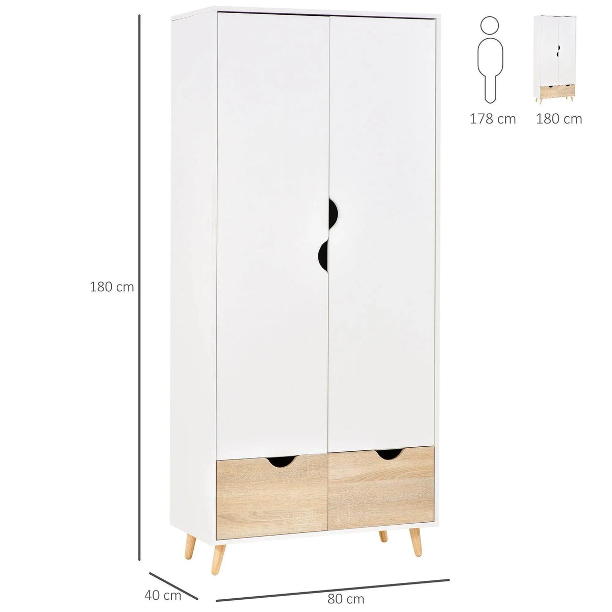 White 2-door wardrobe with wood-tone bottom drawers and slim tapered wooden feet