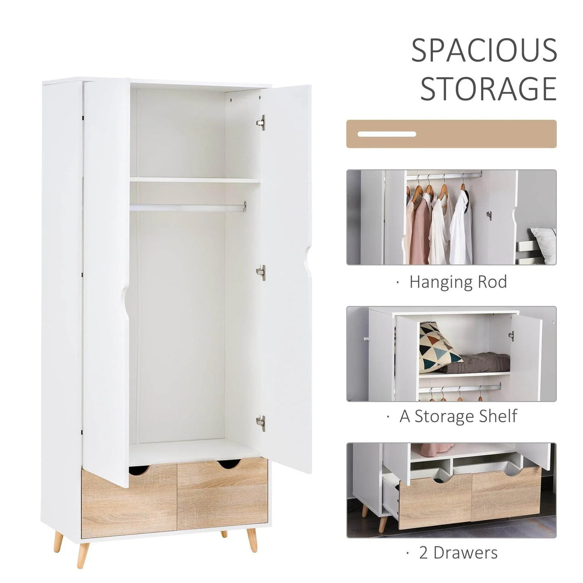 Open white wardrobe with hanging rail, interior shelf, and two lower drawers
