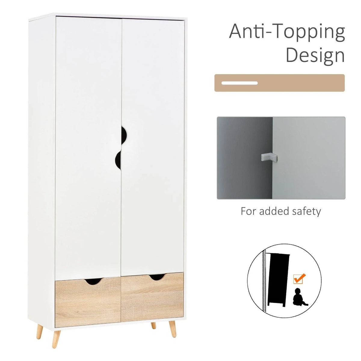 White 2-door wardrobe with wood-tone bottom drawers and anti-tip wall strap