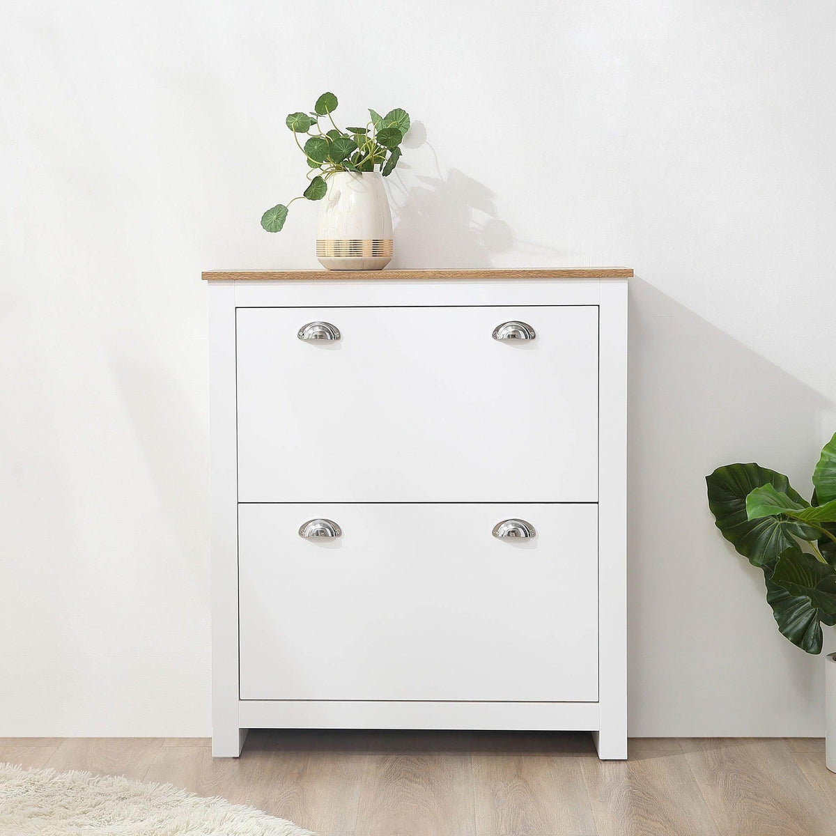 HOMCOM white shoe cabinet with two drawers and round chrome-style handles