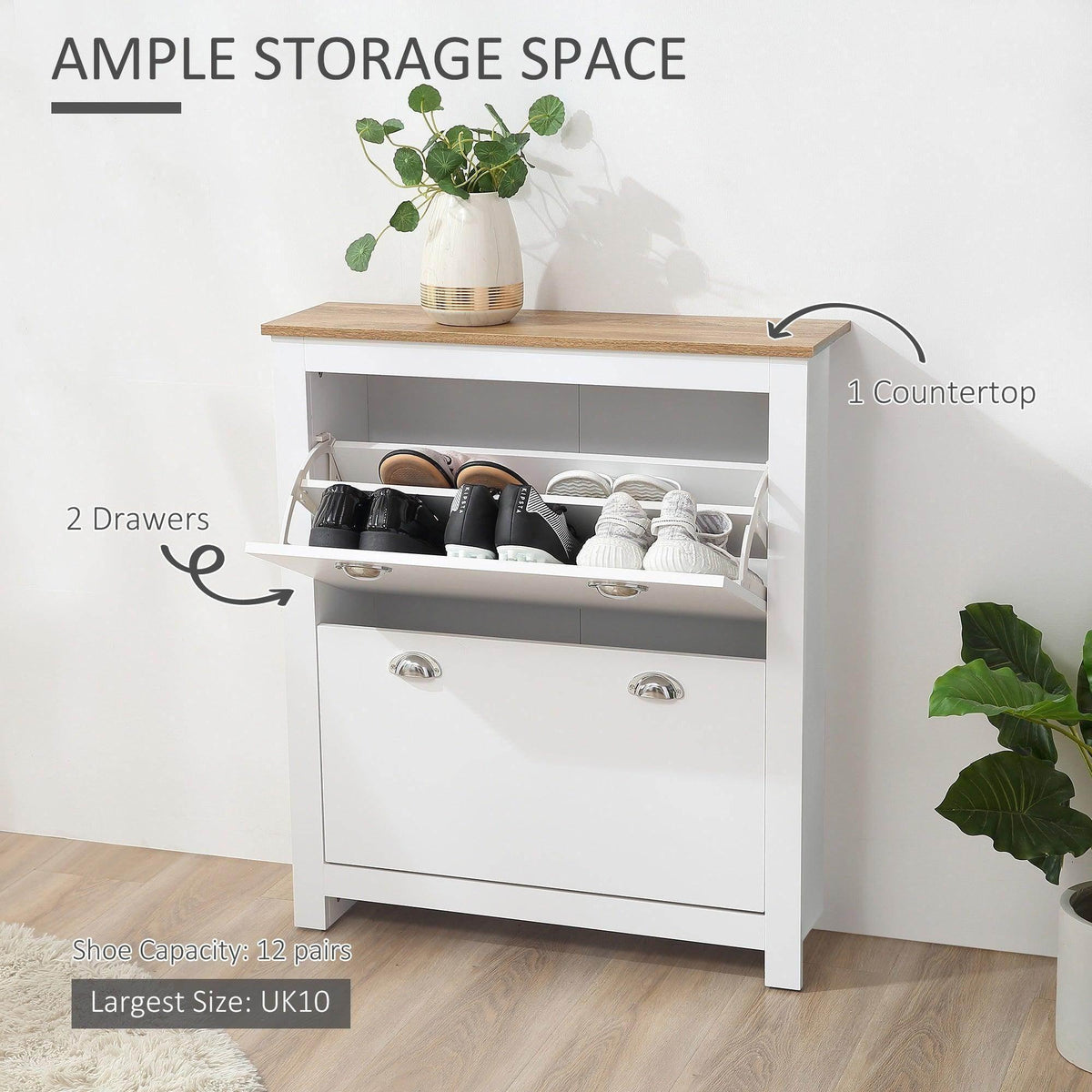 White shoe cabinet with open top shelf and two drawers for shoe storage