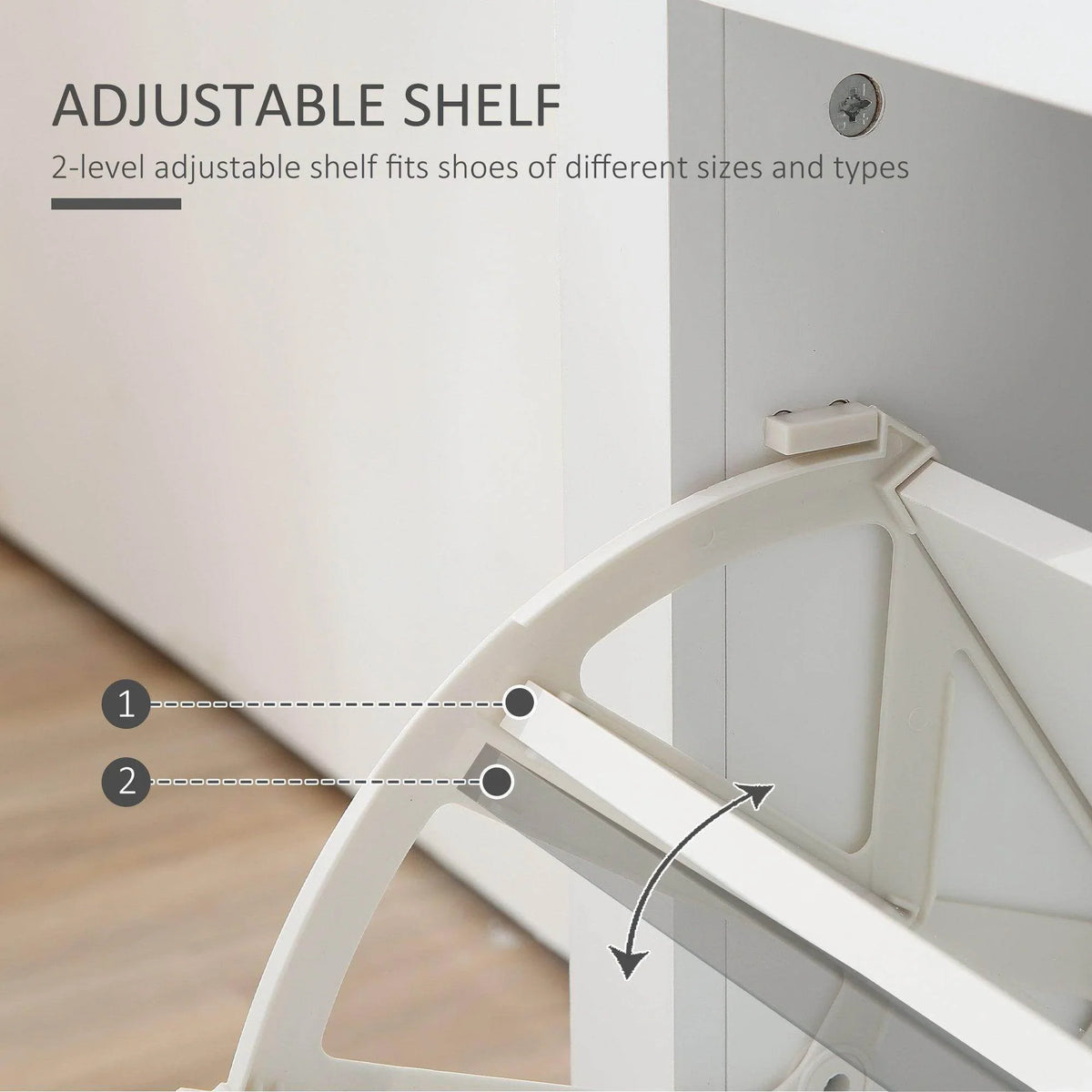 Adjustable shelf inside white shoe cabinet with hinged support bar