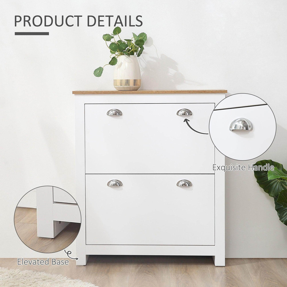 White shoe cabinet front with two drawers, rounded chrome-style handles, elevated base