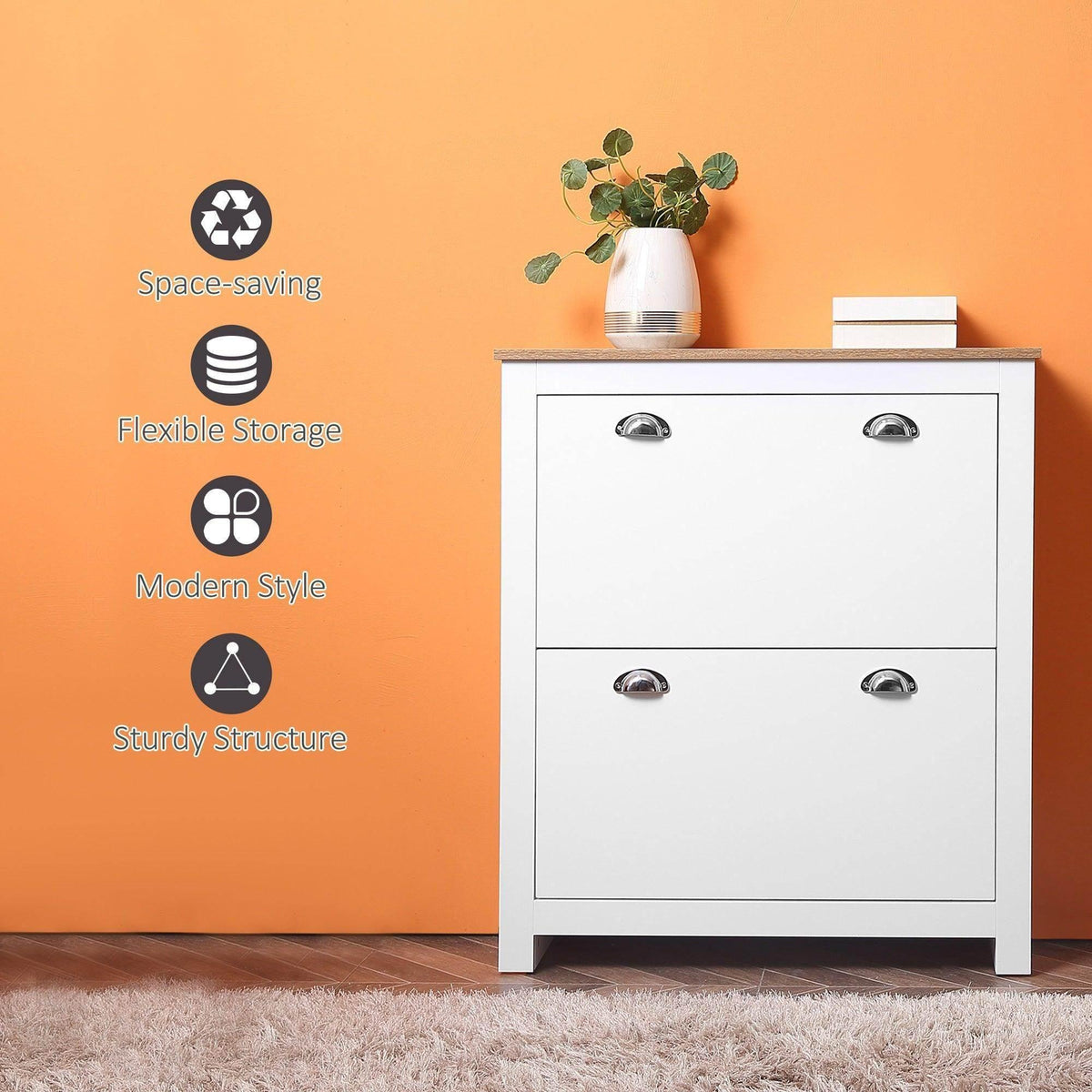 White shoe cabinet with two drawers and rounded chrome-style handles on feet