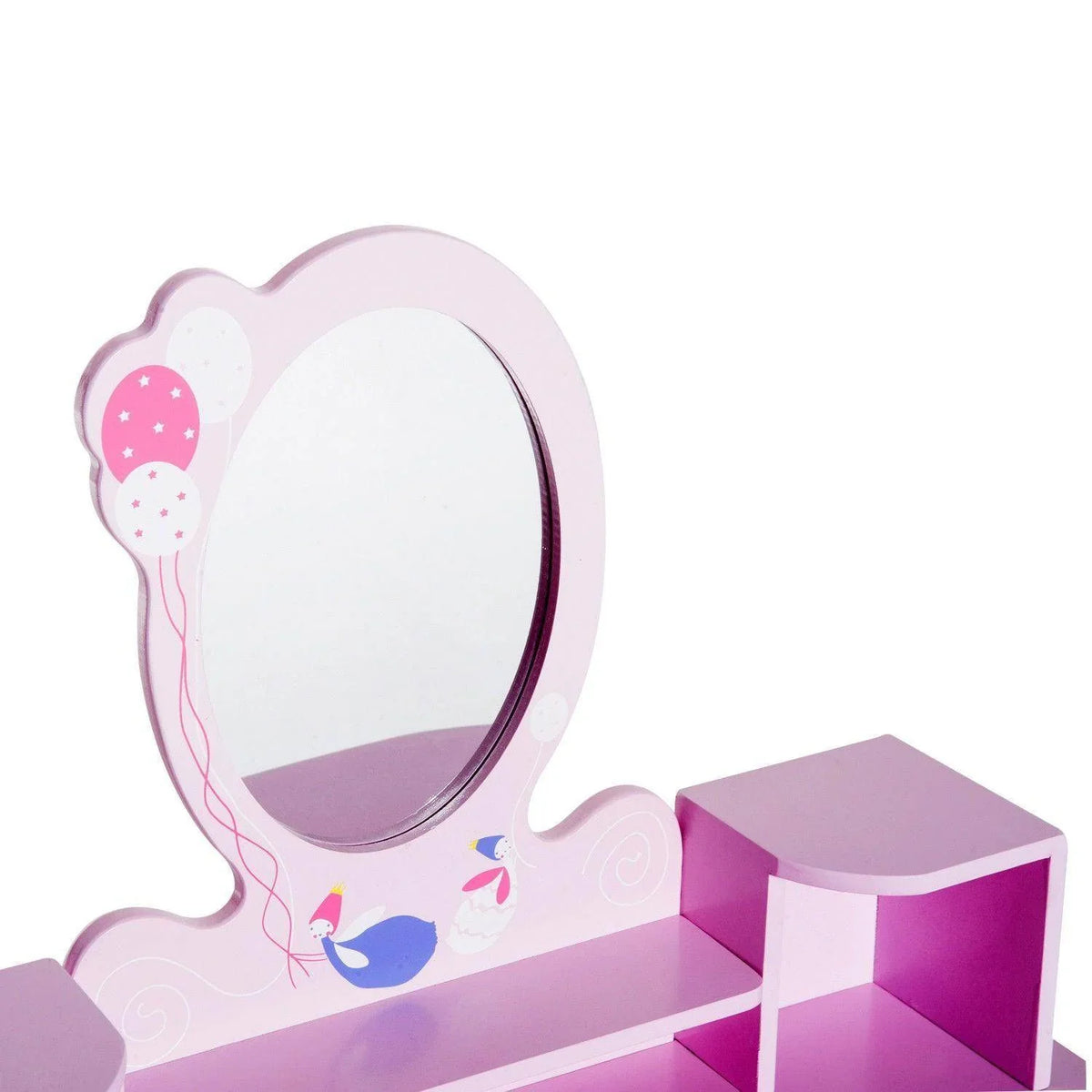 Kids vanity table with oval mirror frame and pink tabletop; white and pink finish
