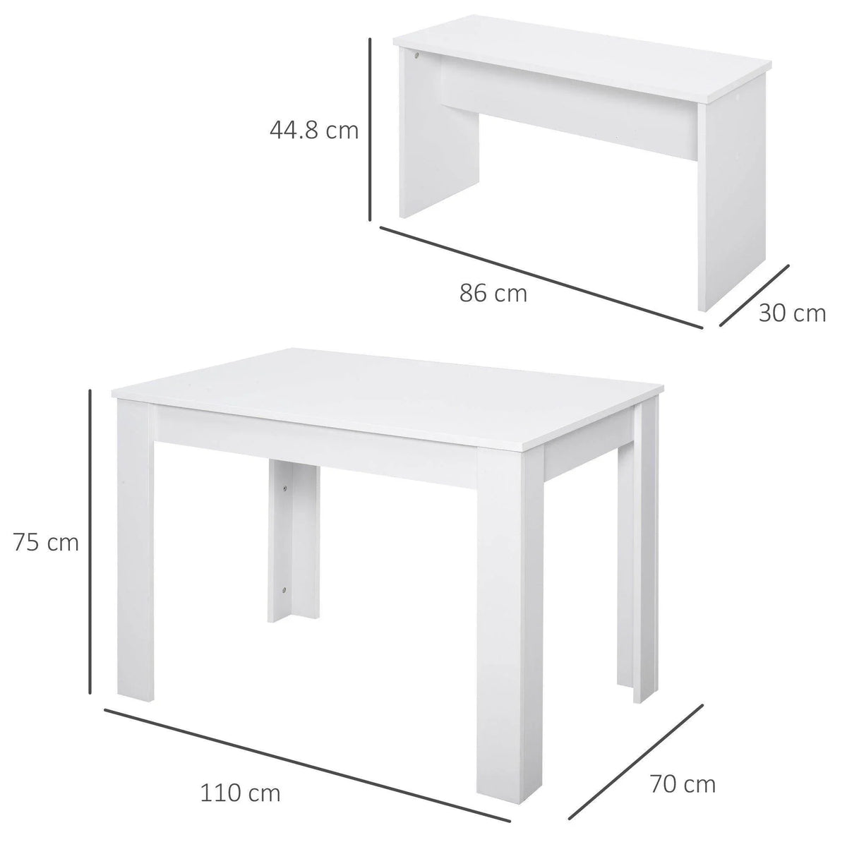 White dining table set diagram with measurements; two benches tuck under