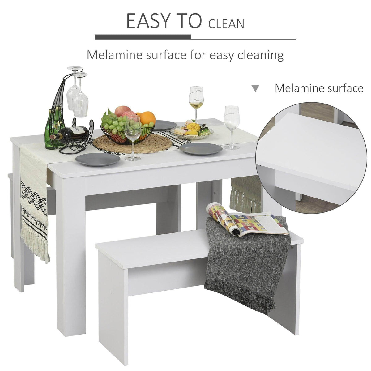 White dining table with two benches and smooth melamine-look surface