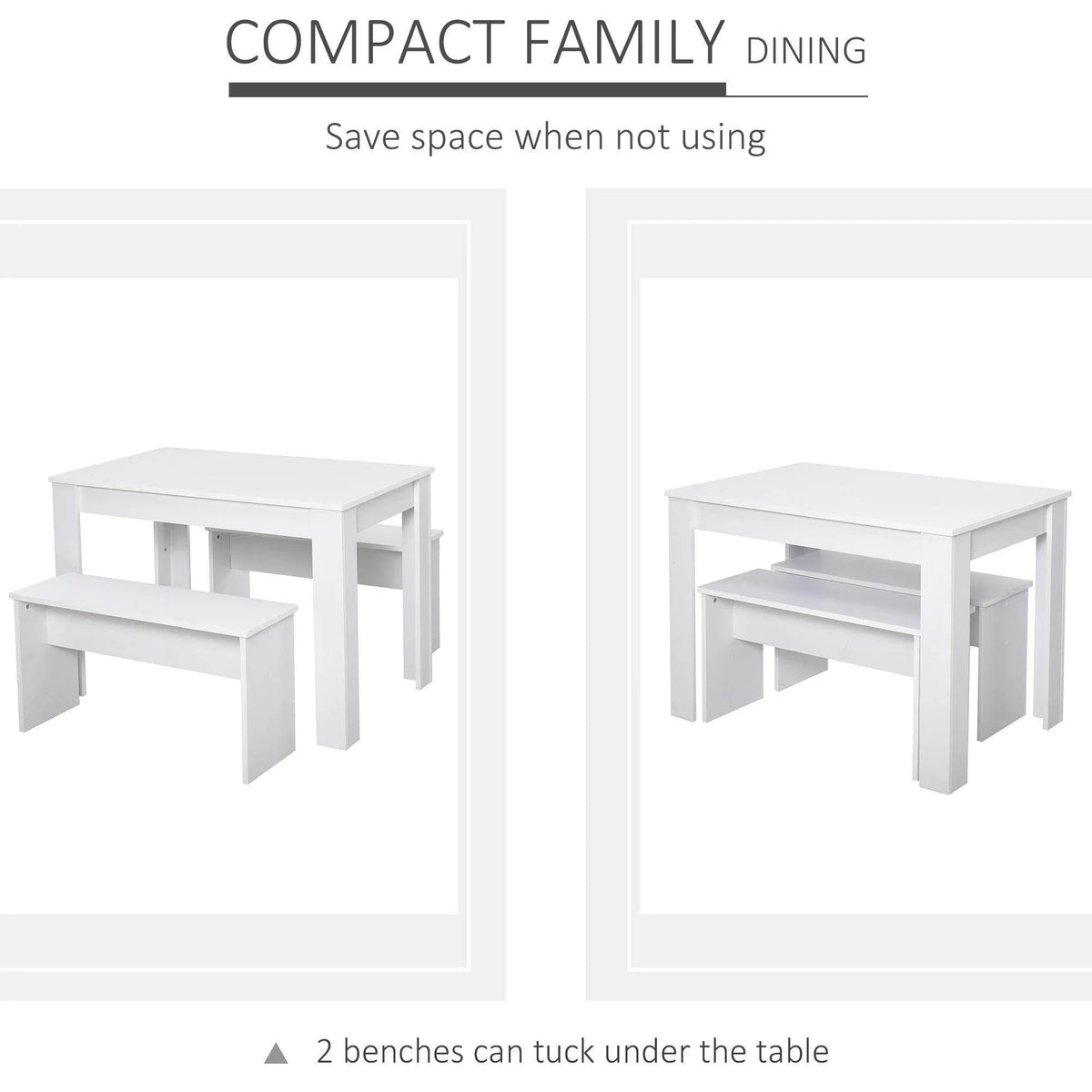 White dining table with two benches tucked under, compact family dining layout