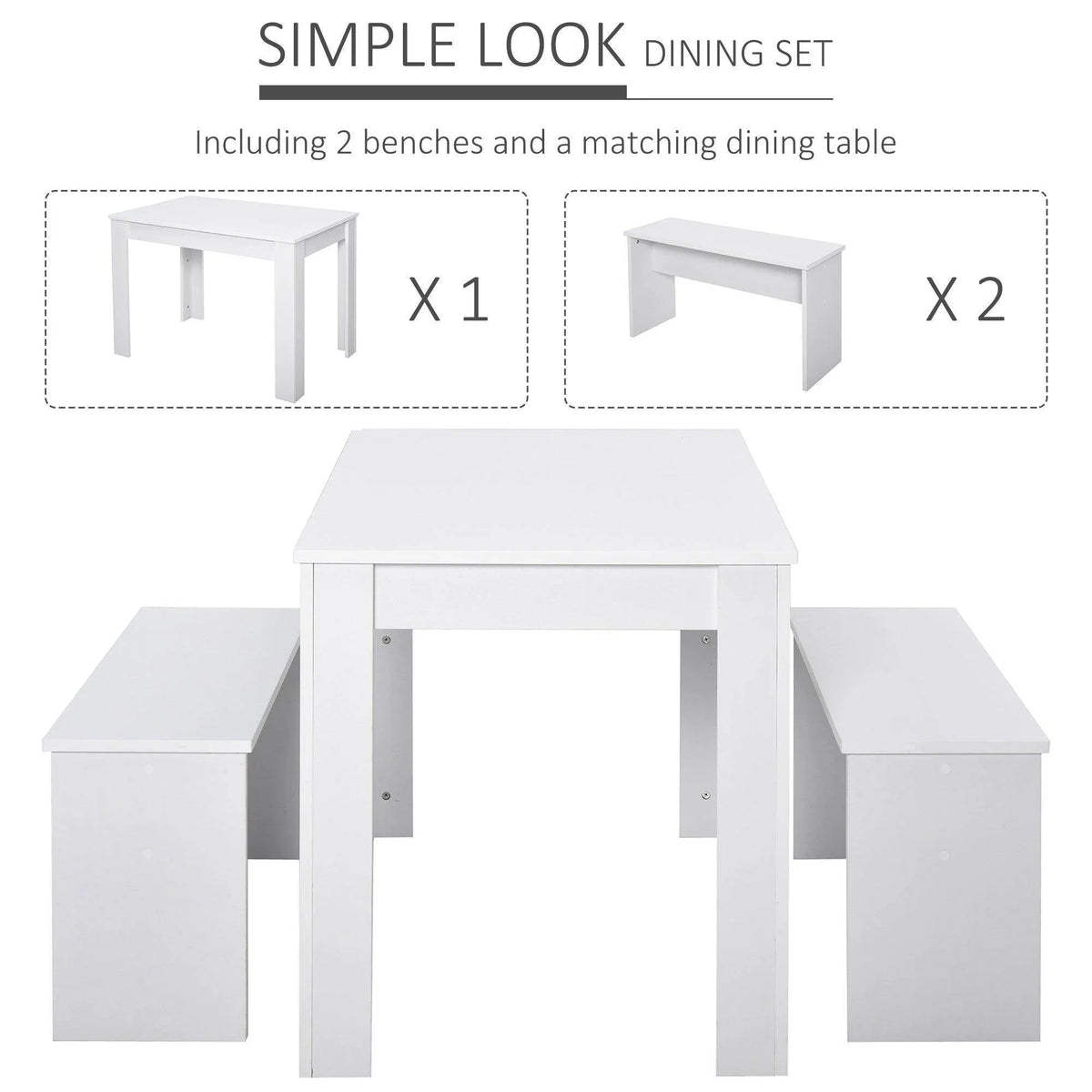 White dining set with 1 table and 2 benches, simple boxy design