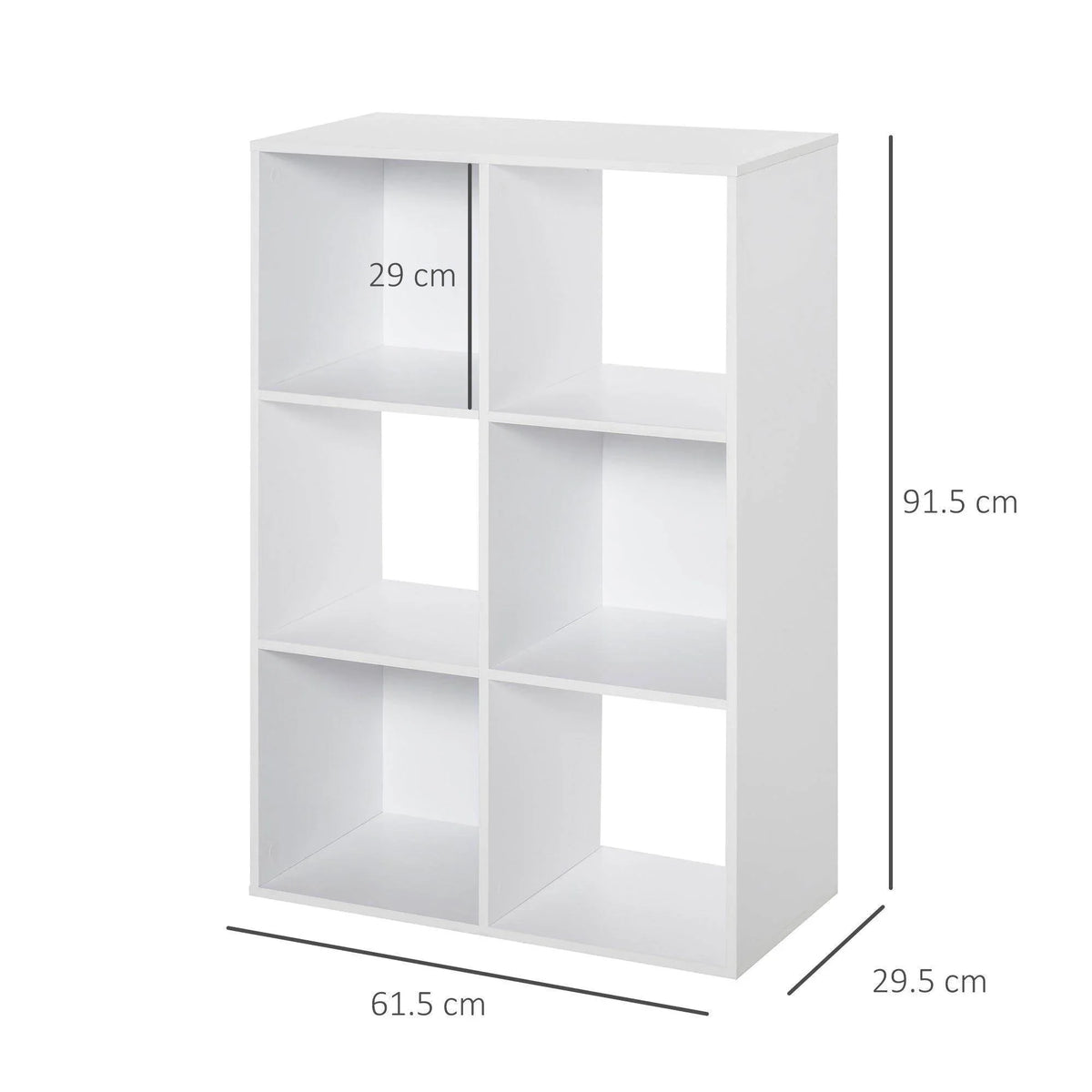 White 3-tier storage cube organizer, 6 open cubby compartments with dimensions