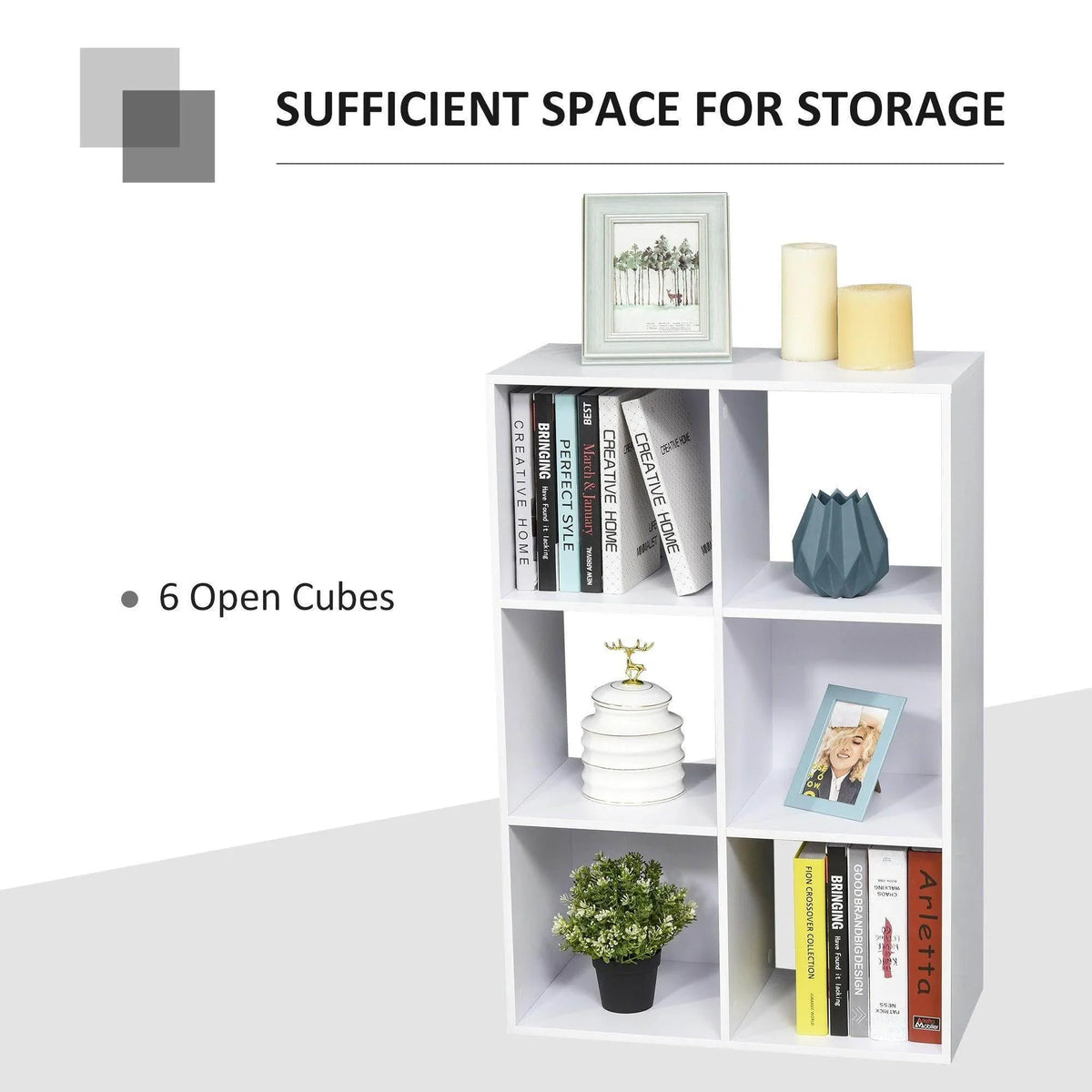 White storage cube organizer with 6 open cubes for books and small decor