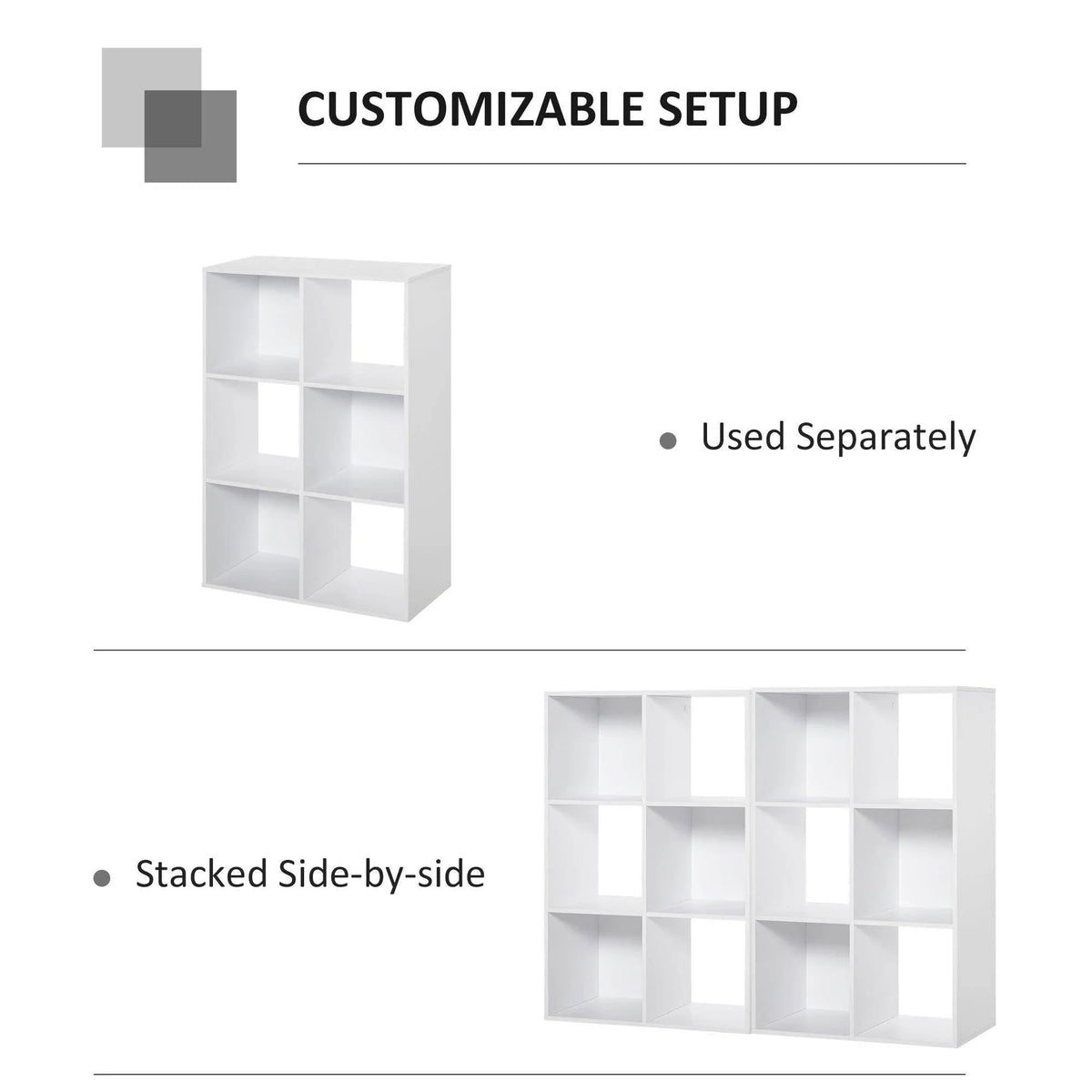 White modular cube storage organizer shown separately and stacked side-by-side