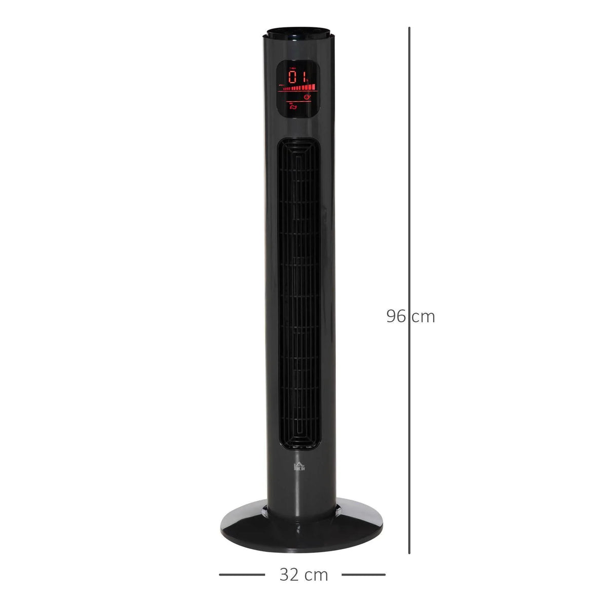 Black tower fan with tall grille column and round base, shown with size markings