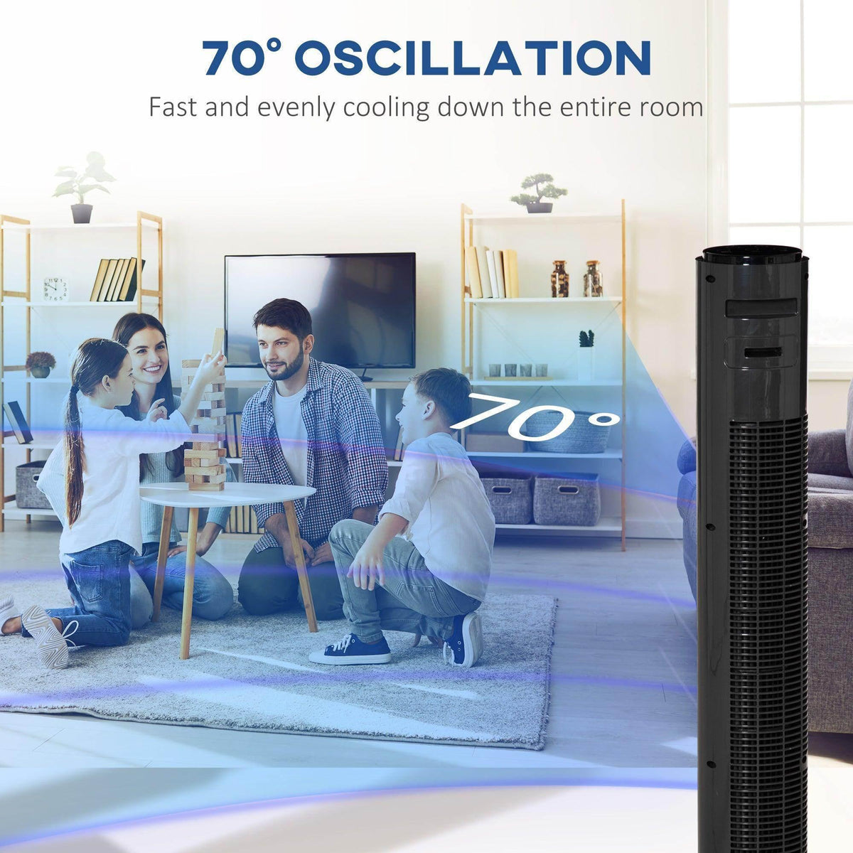 Black tower fan for room cooling, with 70° oscillation feature shown