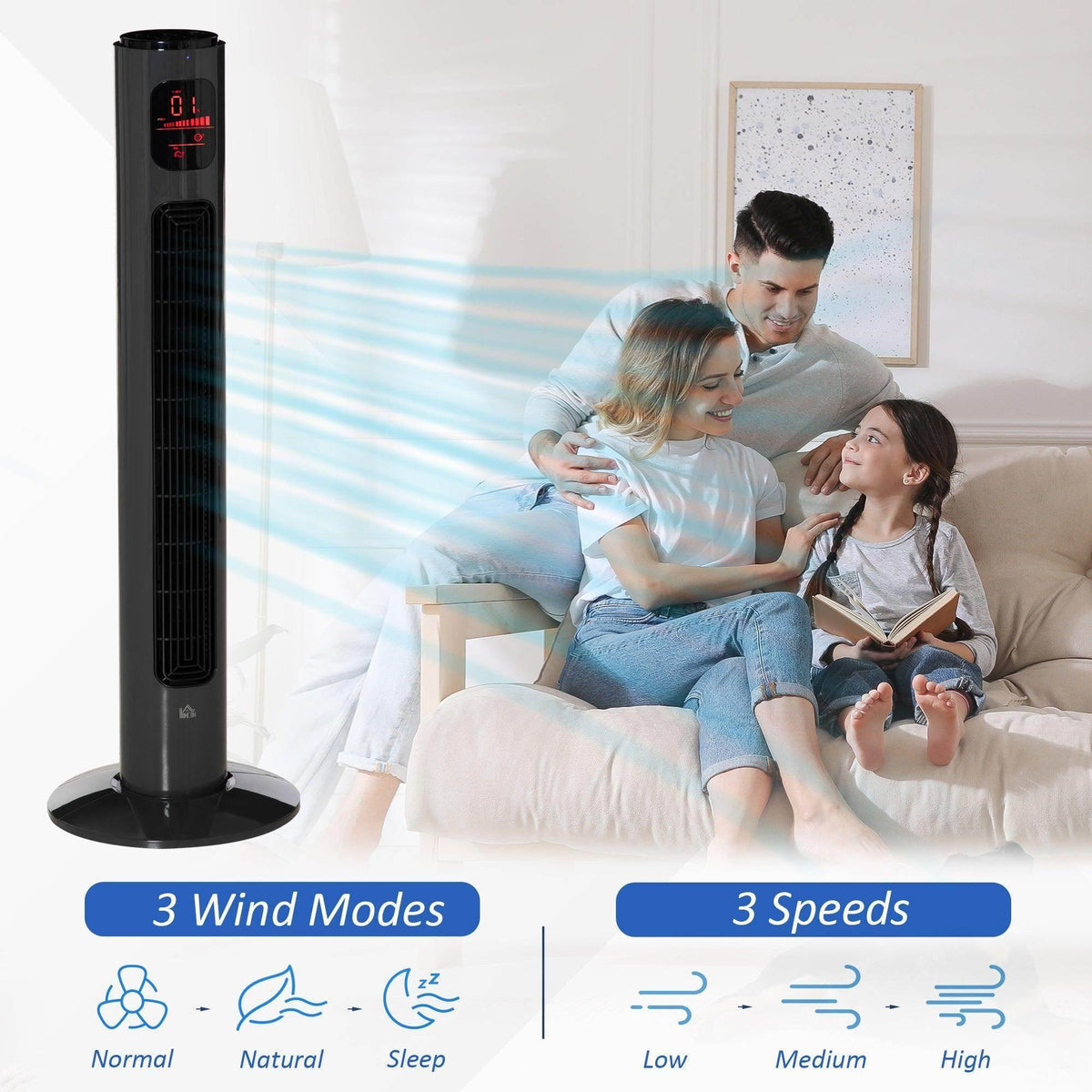 Black tower fan with airflow effects, featuring 3 wind modes and 3 speeds