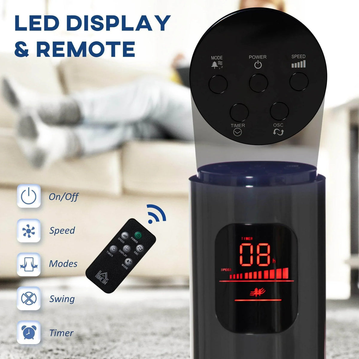 Black tower fan with LED display and included remote control