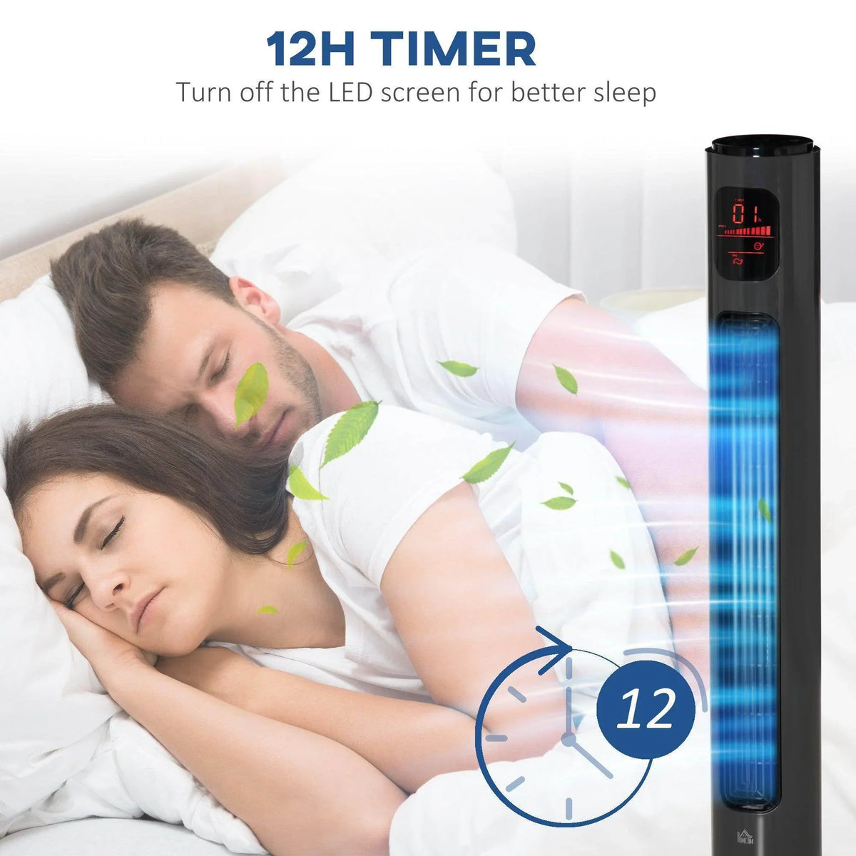Black tower fan with 12-hour timer, shown beside a bed