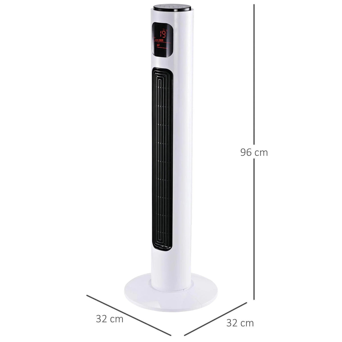 White tower fan with digital display window and slim vertical grille on round base