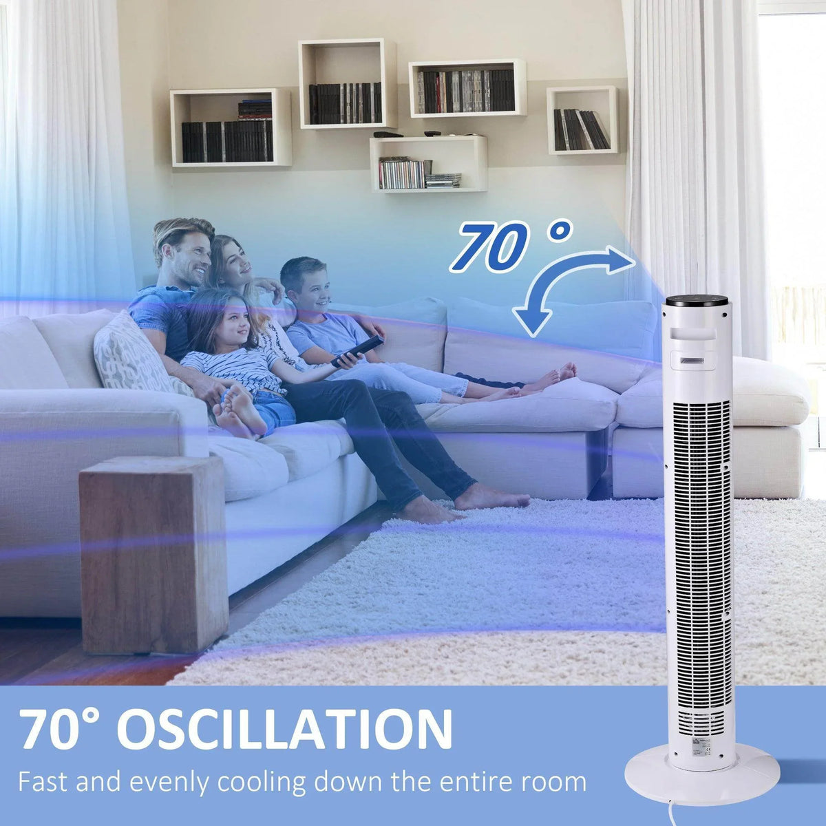 White tower fan with glowing airflow column in living room setting