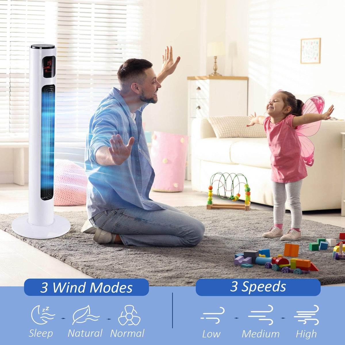 White tower fan standing on carpet, vertical grille and top control panel visible