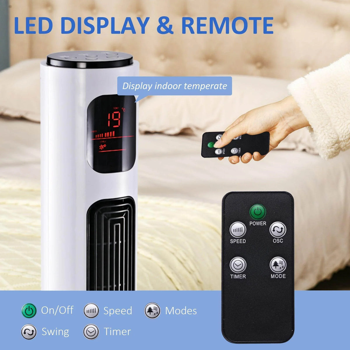 White tower fan with LED display and included black remote control