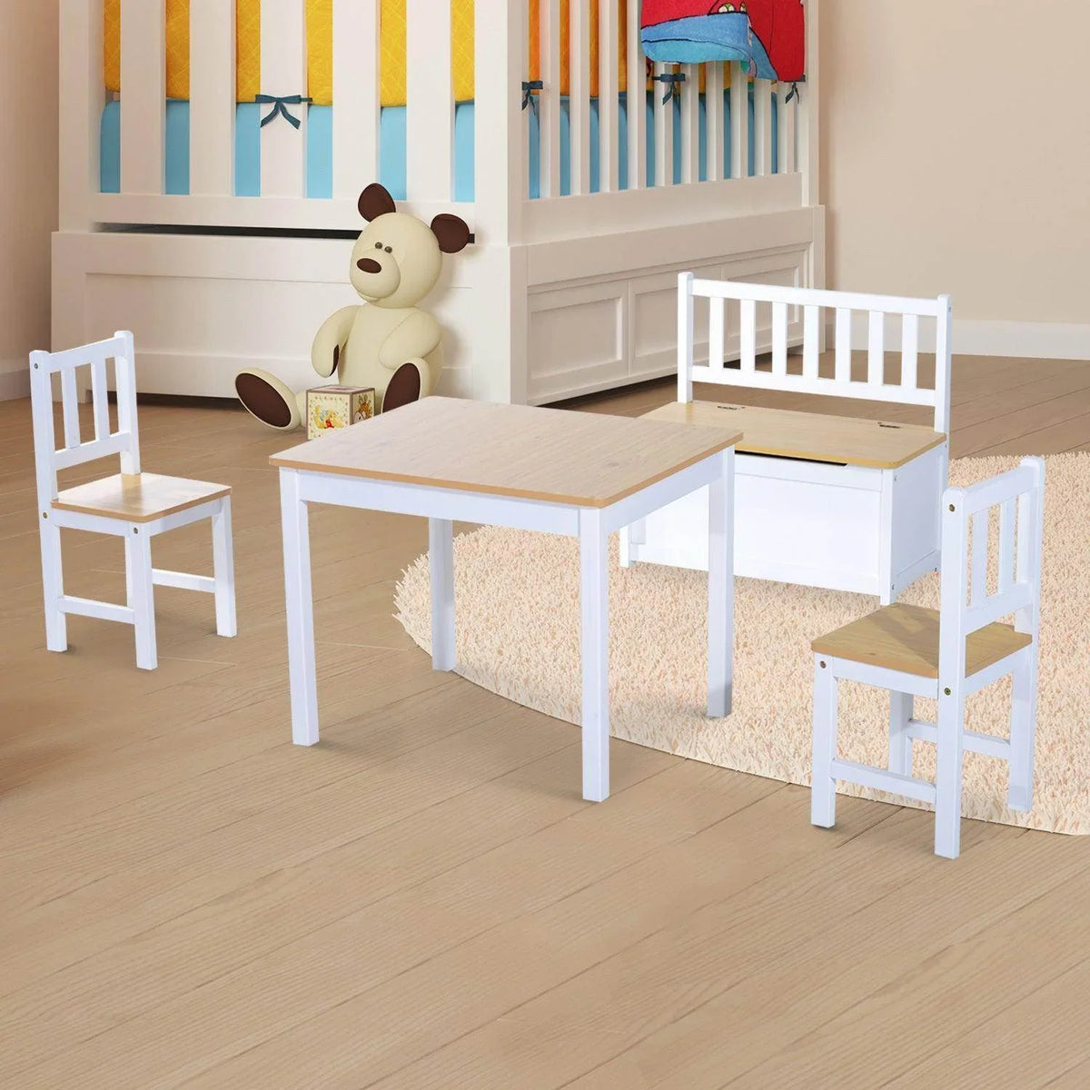 Kids table and chairs set with white frames and light wood tabletops