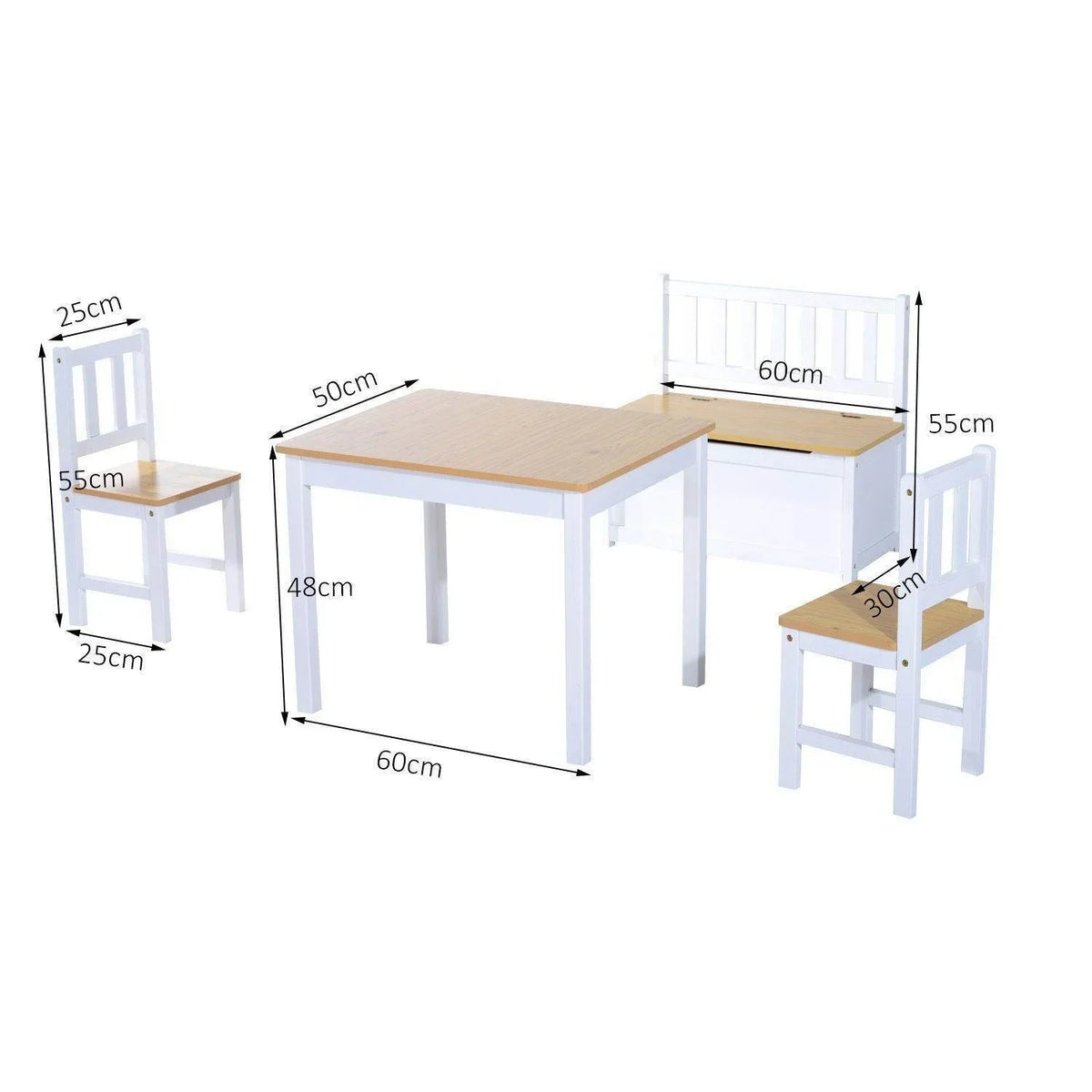 Kids dining table and chair set with oak-style tops and white frames (size diagram)