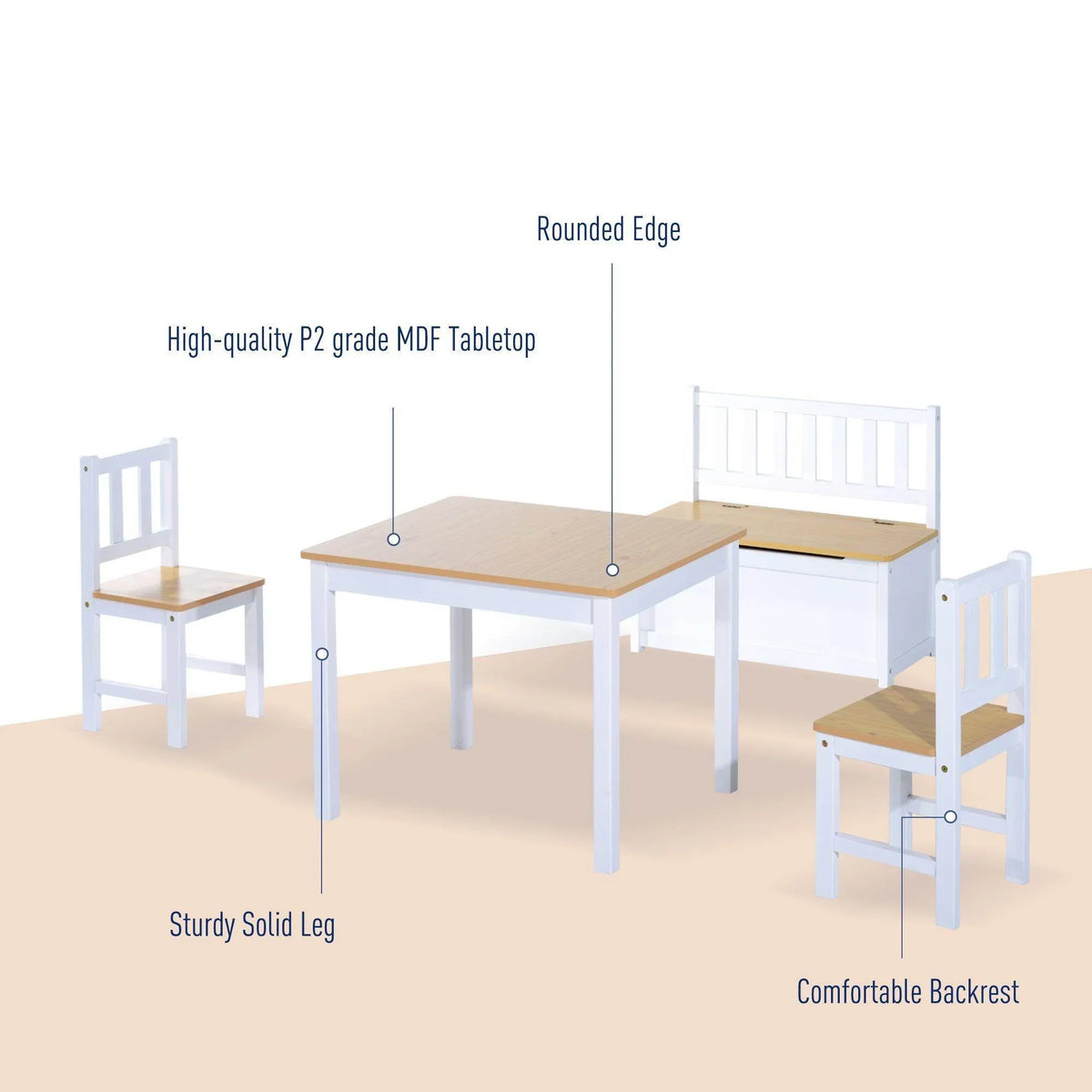 White kids table with rounded-edge light wood top plus two matching backrest chairs