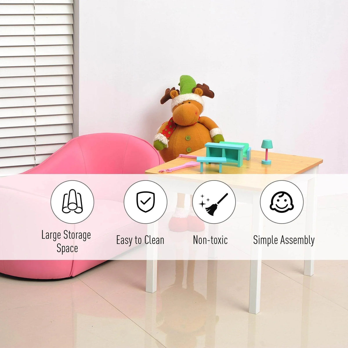 Kids white play table with light wood top next to pink sofa with storage