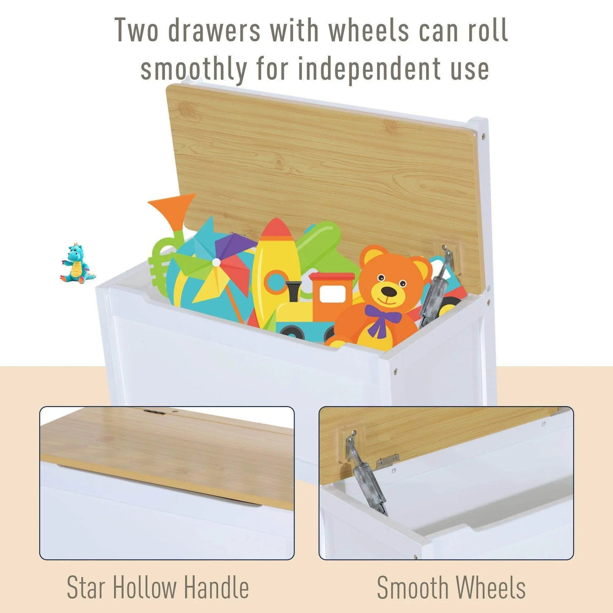 Kids white table with two rolling drawers and light wood interior panels