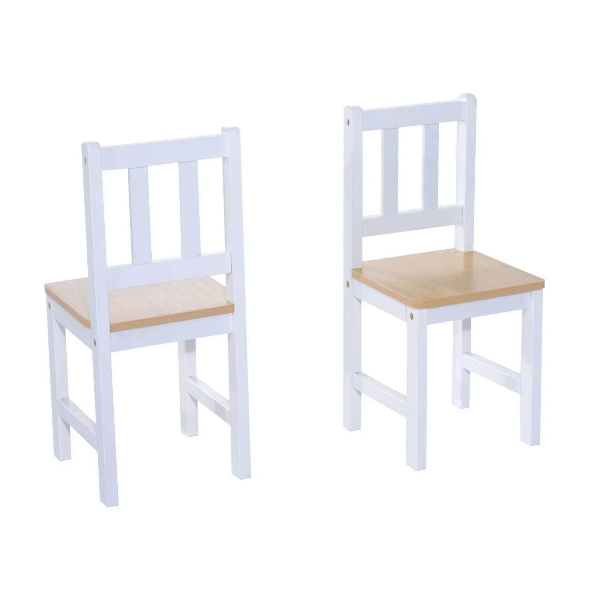 Set of 2 kids chairs with white frames and light wood seat panels