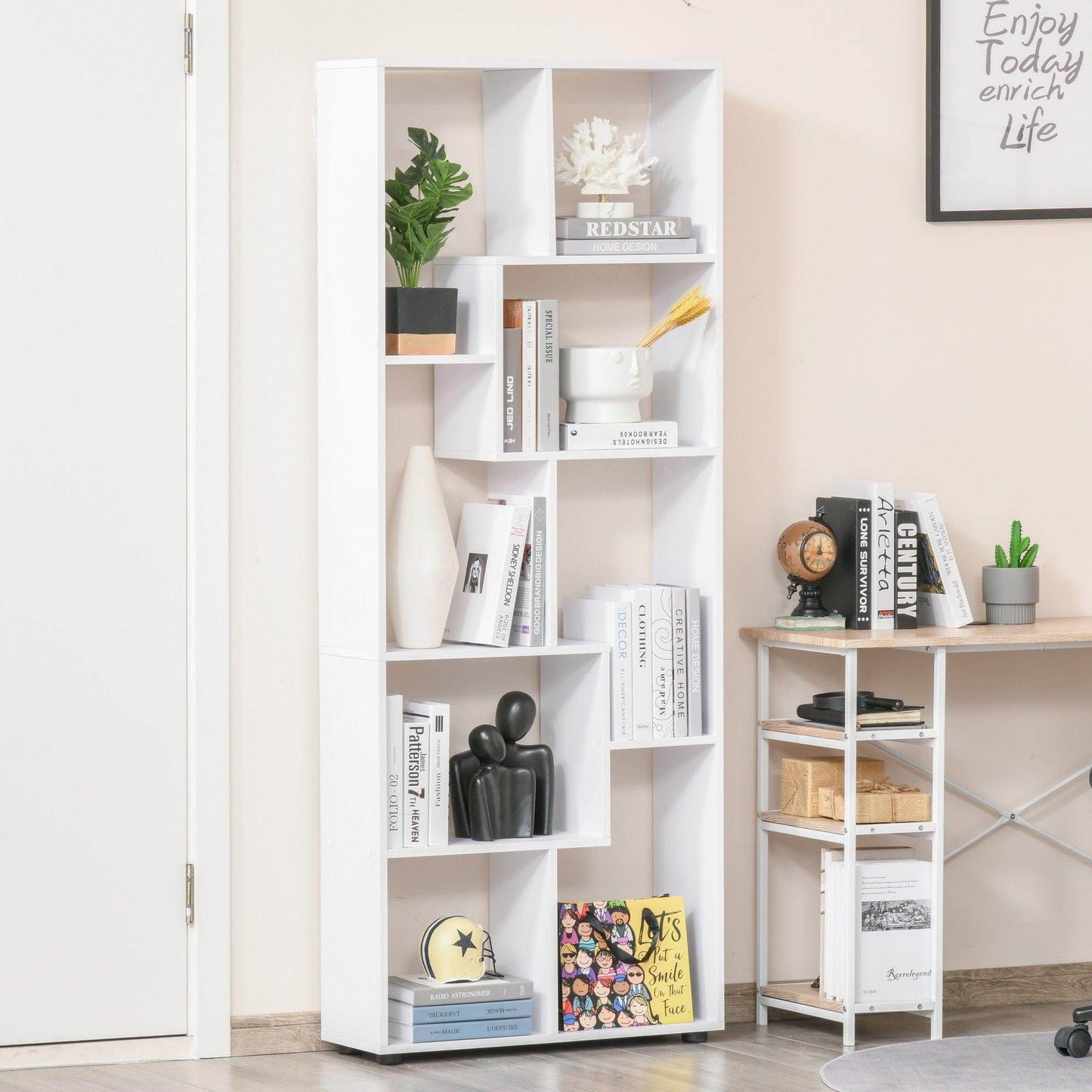 HOMCOM 8-Tier White Bookcase: Modern Storage Stand - ALL4U RETAILER LTD