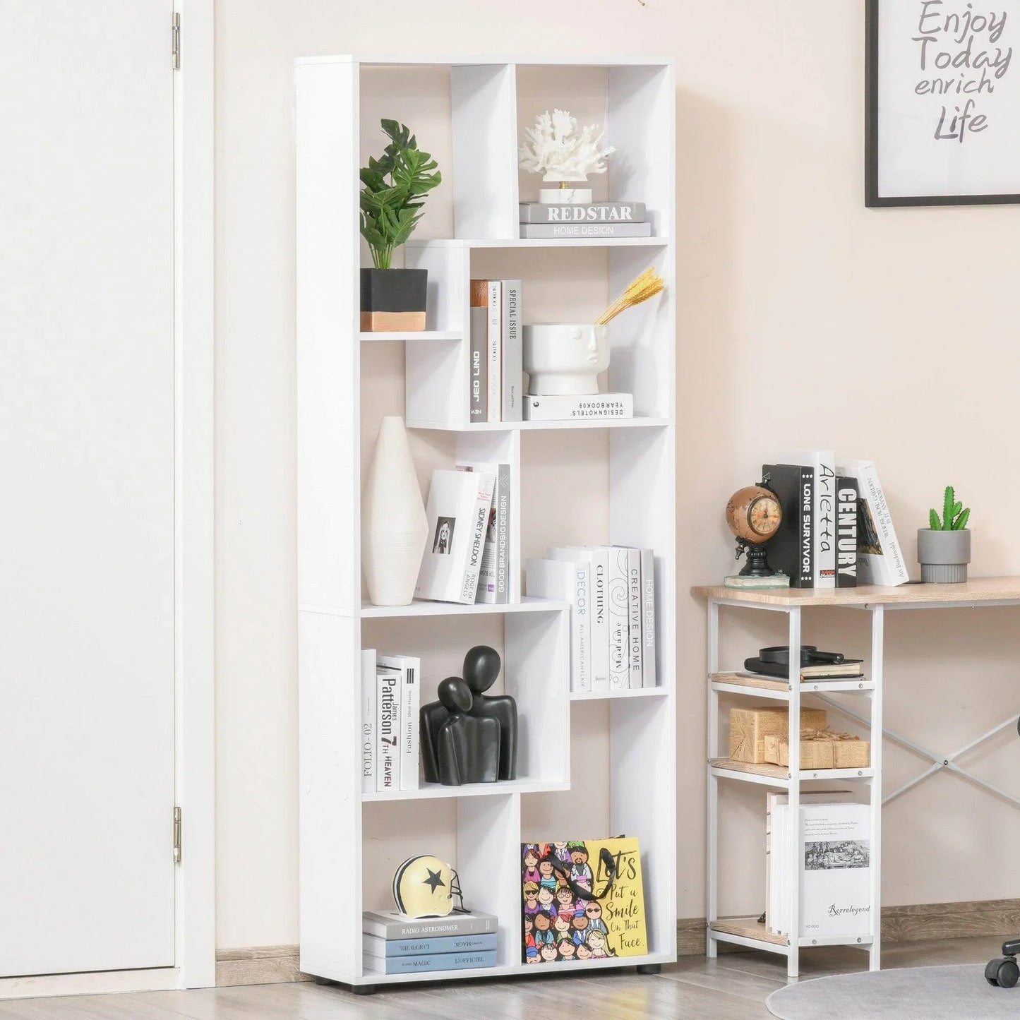 HOMCOM 8-Tier White Bookcase: Modern Storage Stand - ALL4U RETAILER LTD