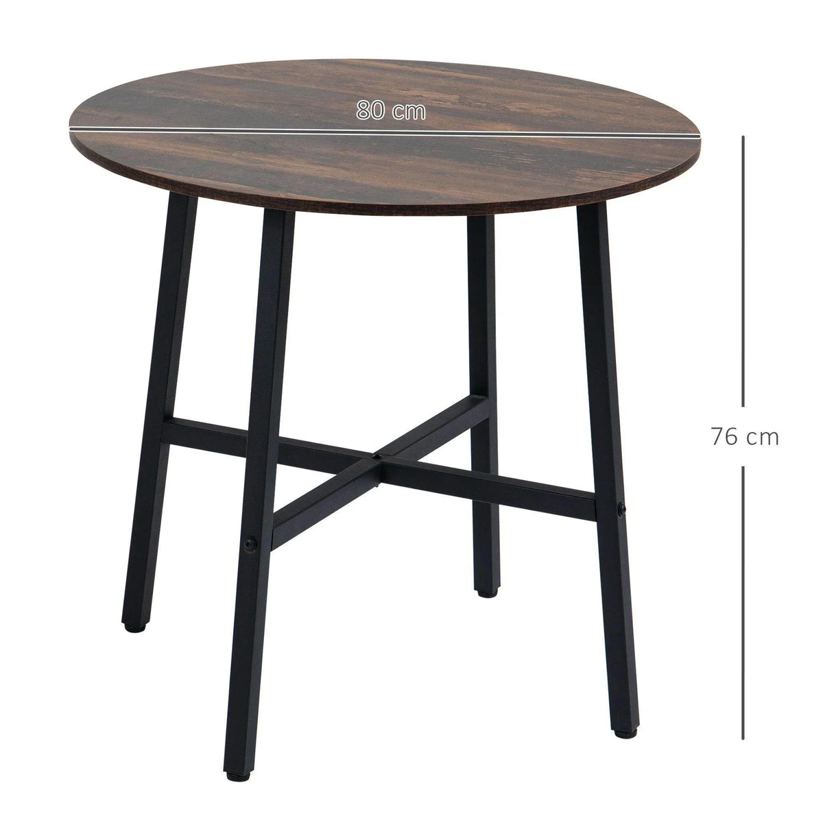 Round table top with brown finish, black steel legs, and cross-brace base.