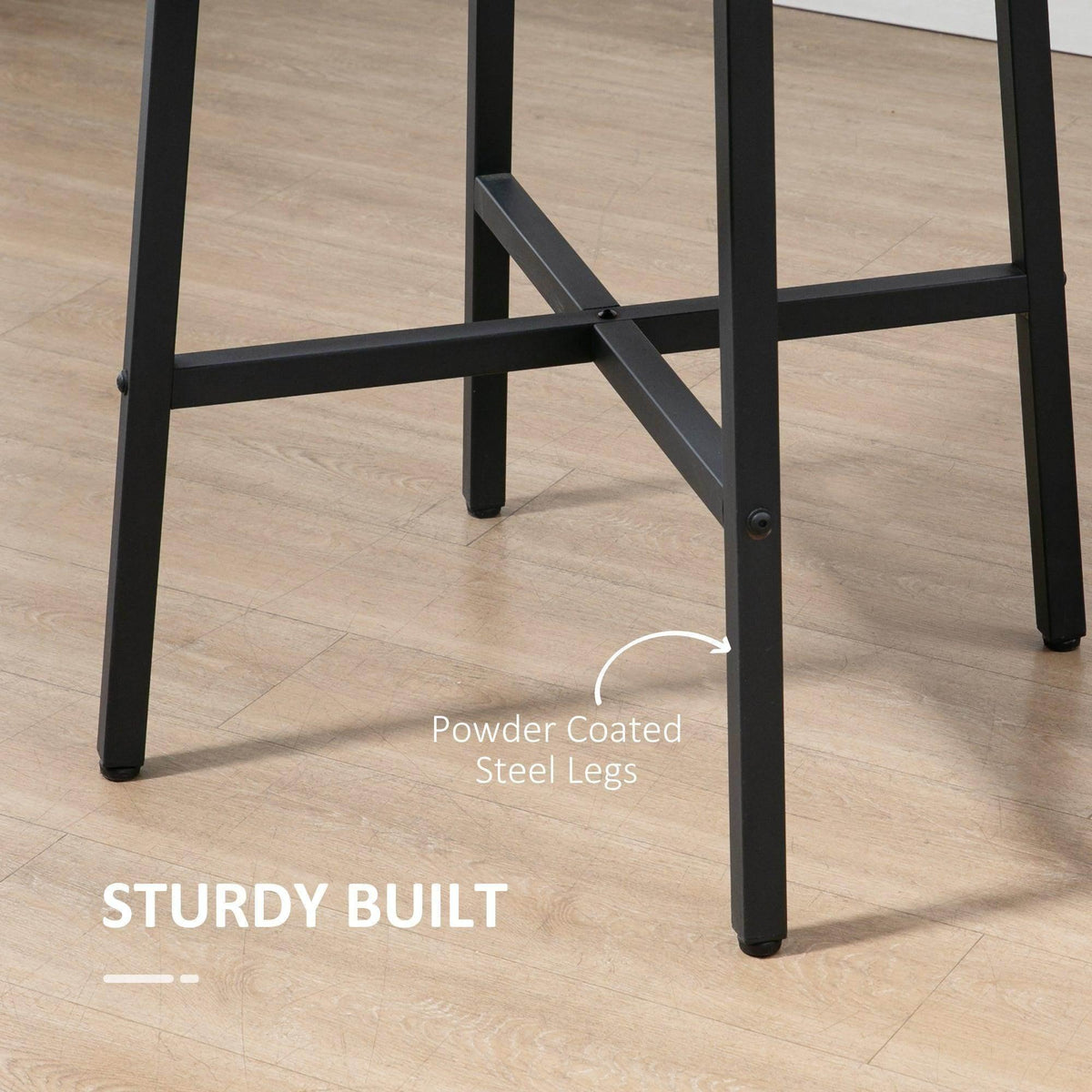 Black powder-coated steel table legs with sturdy cross-brace support.