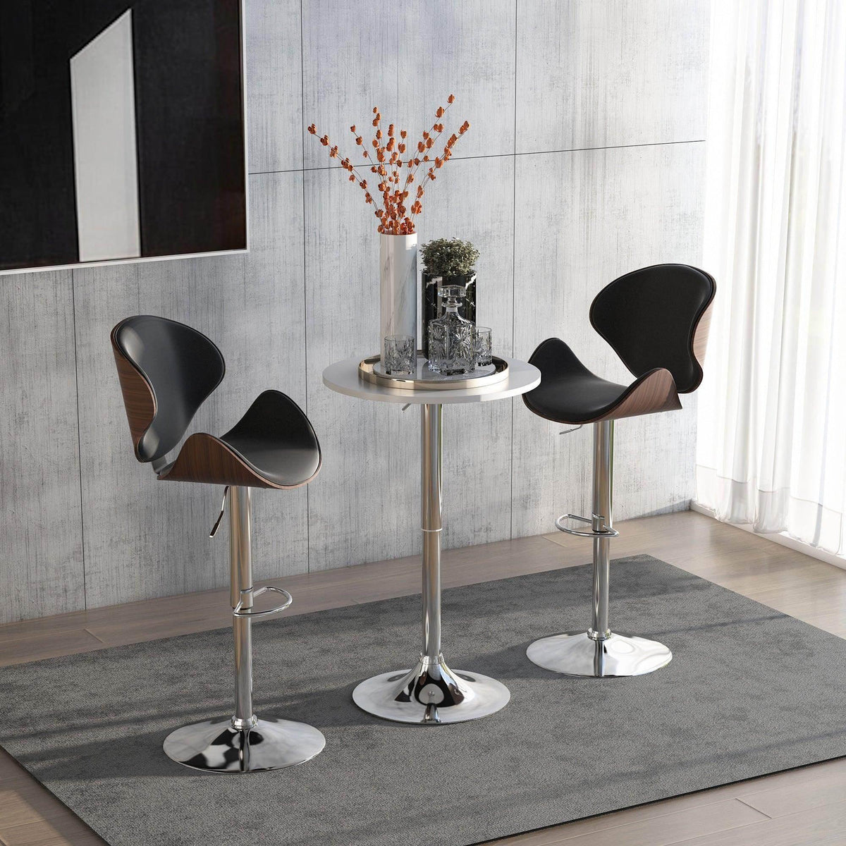 Adjustable height round bistro table with white tabletop and chrome pedestal base