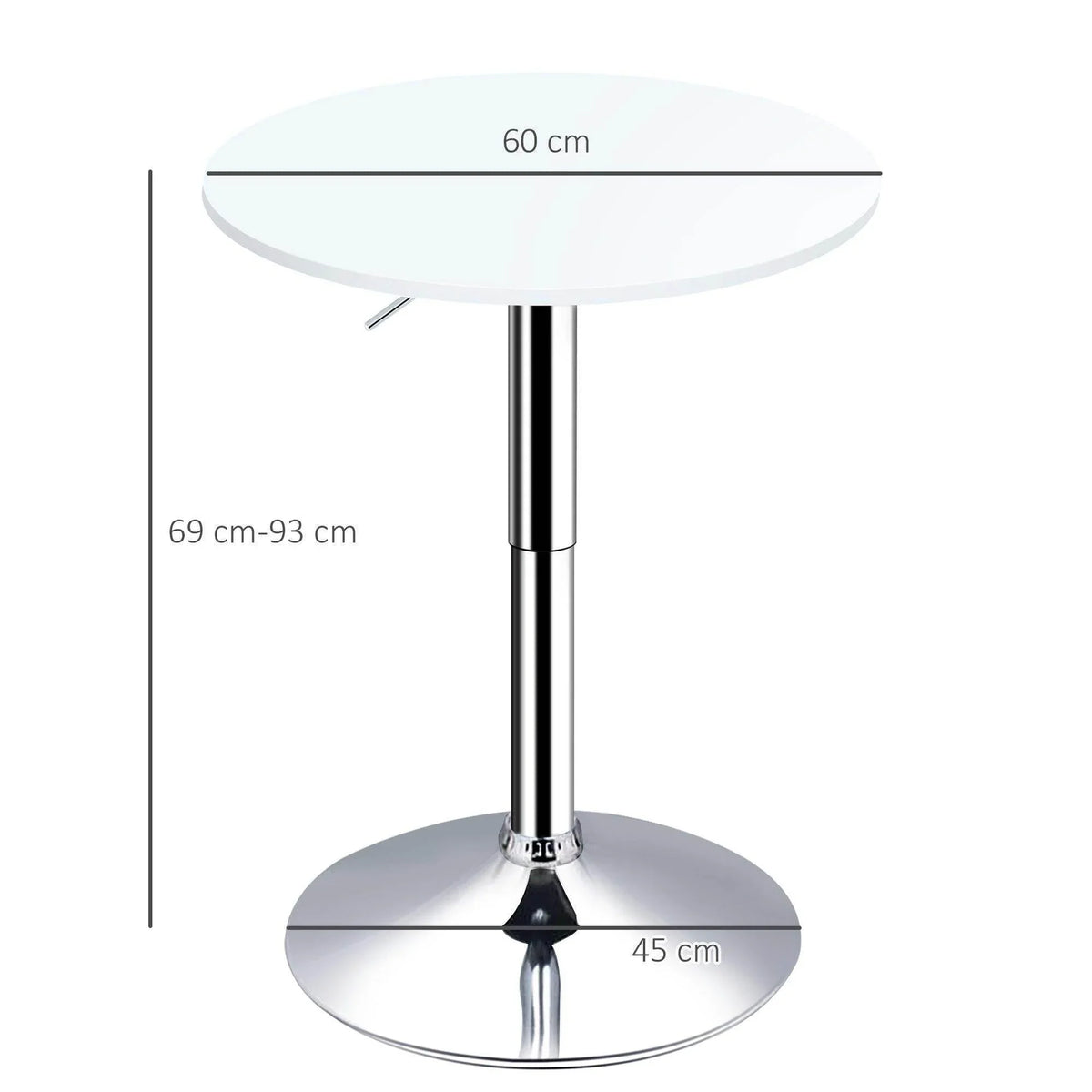 Round white tabletop with chrome pedestal base, height adjustable