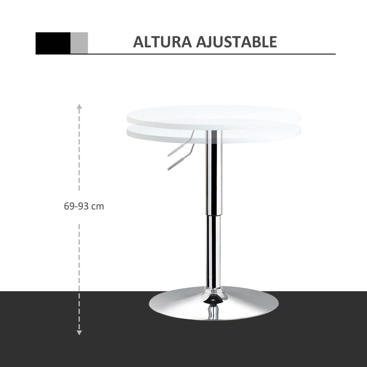 Height-adjustable bistro table with white round top and chrome base, 69–93 cm
