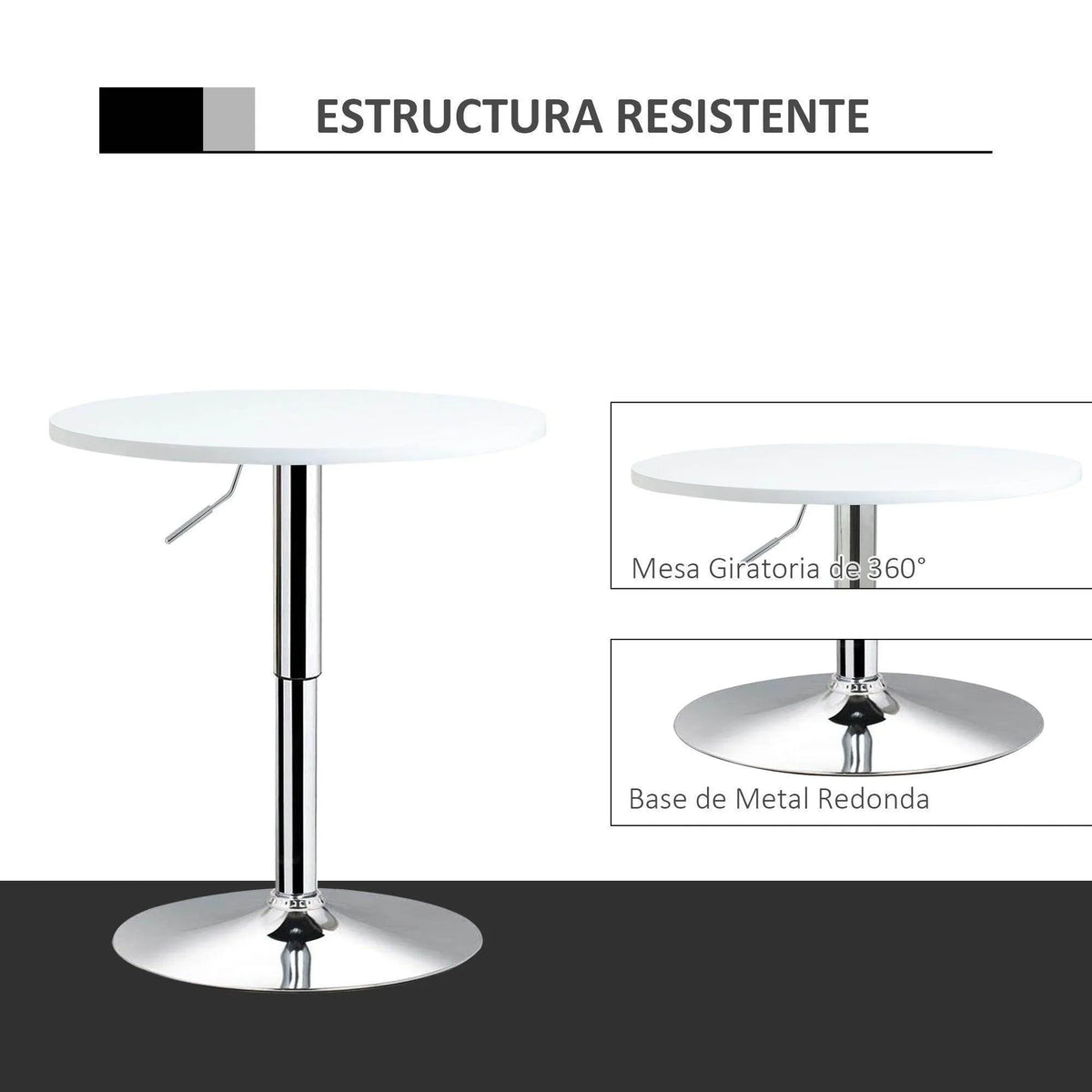 Round bistro table with white top and chrome pedestal base, sturdy angled support rods