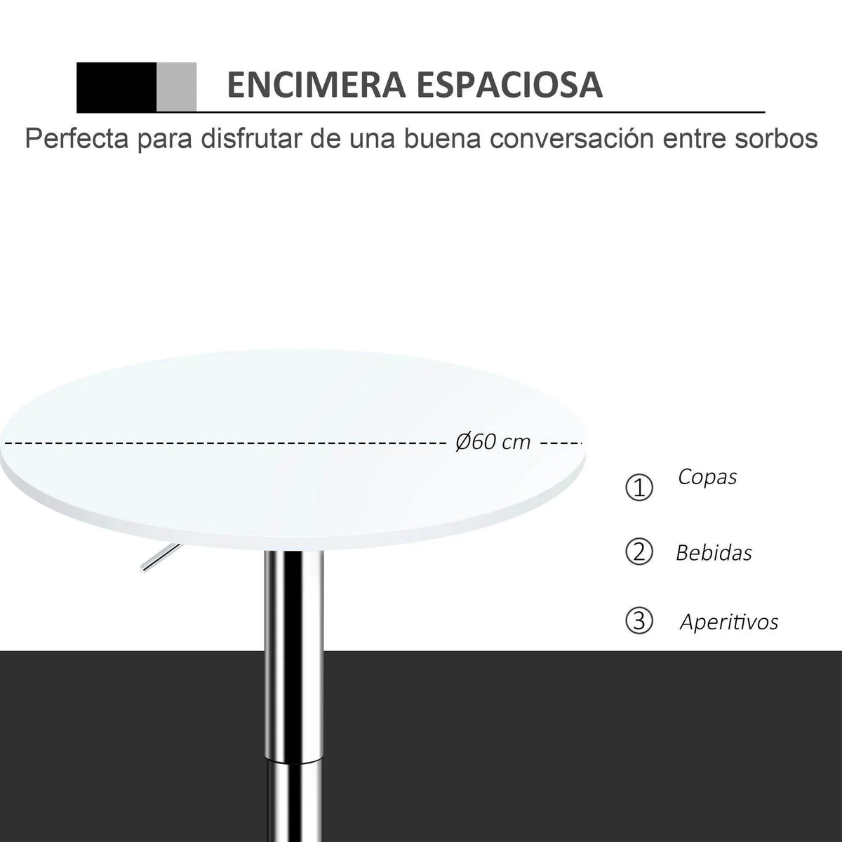 Round white bistro table with chrome pedestal, 60 cm top