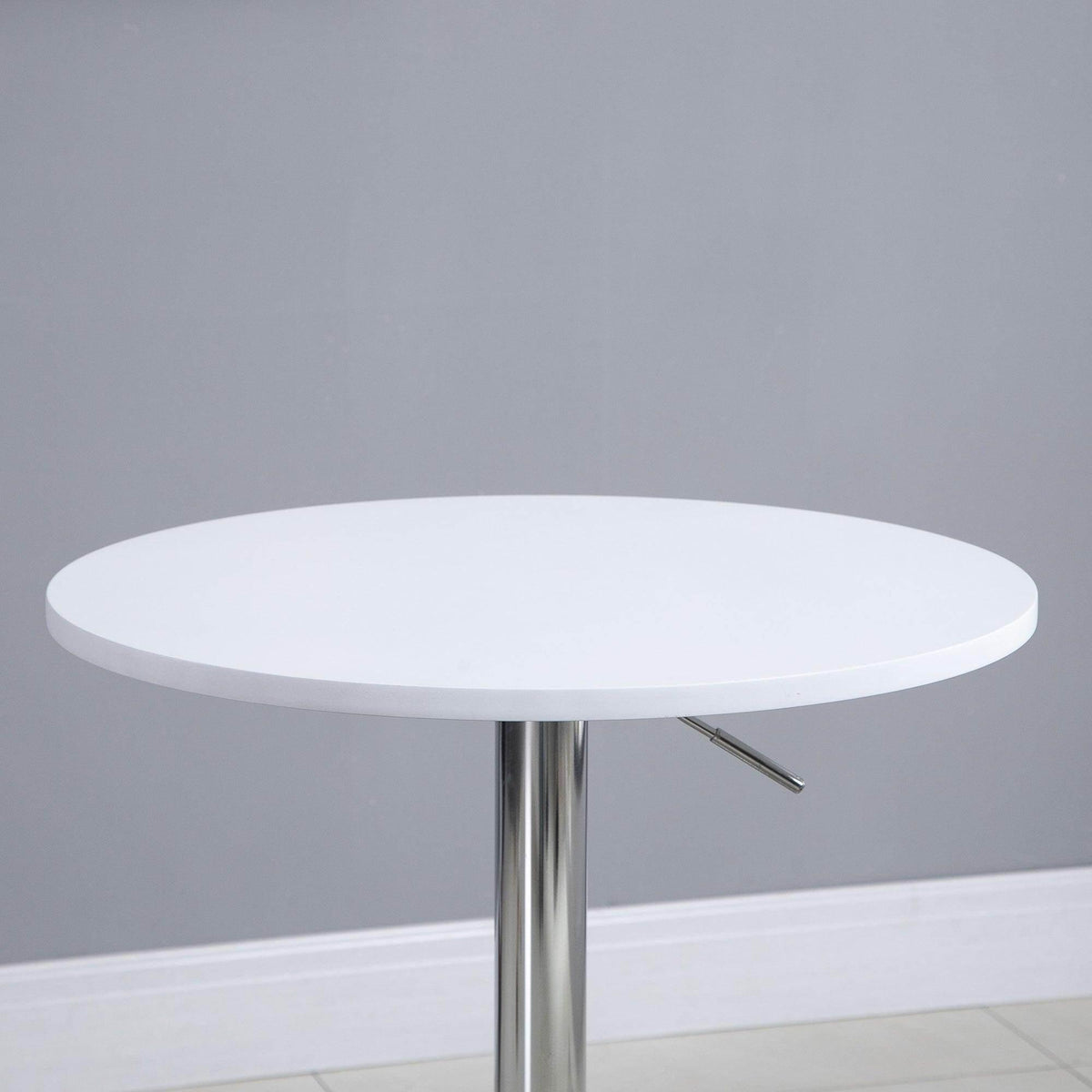 White round bistro tabletop with slim chrome pedestal base for adjustable height