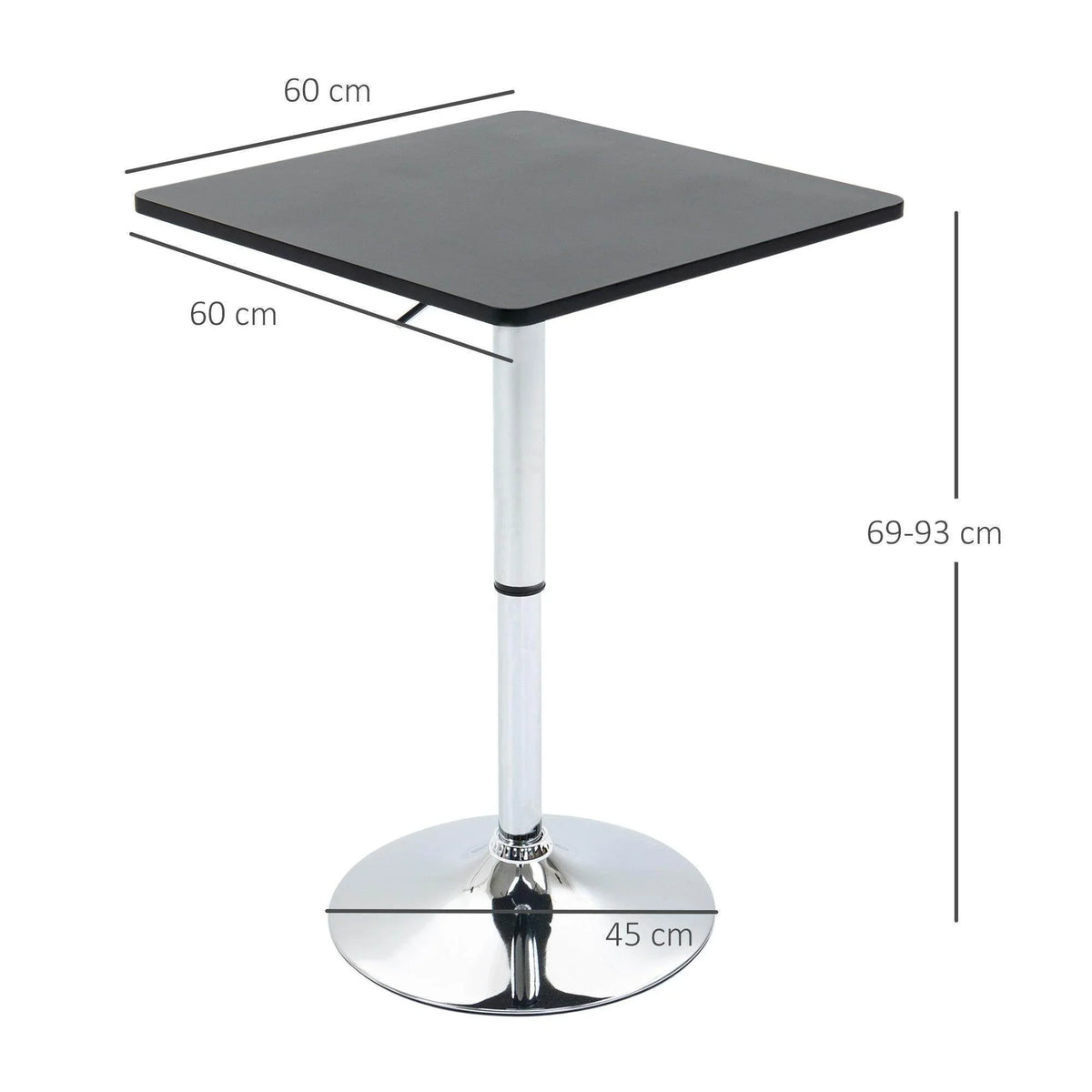 Black square bar table with chrome pedestal stand, height adjustable