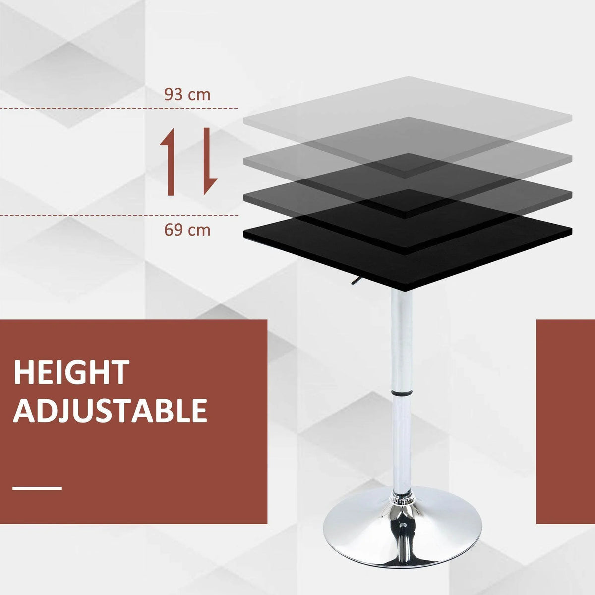 Height-adjustable bar table with black tabletop on chrome pedestal and round base