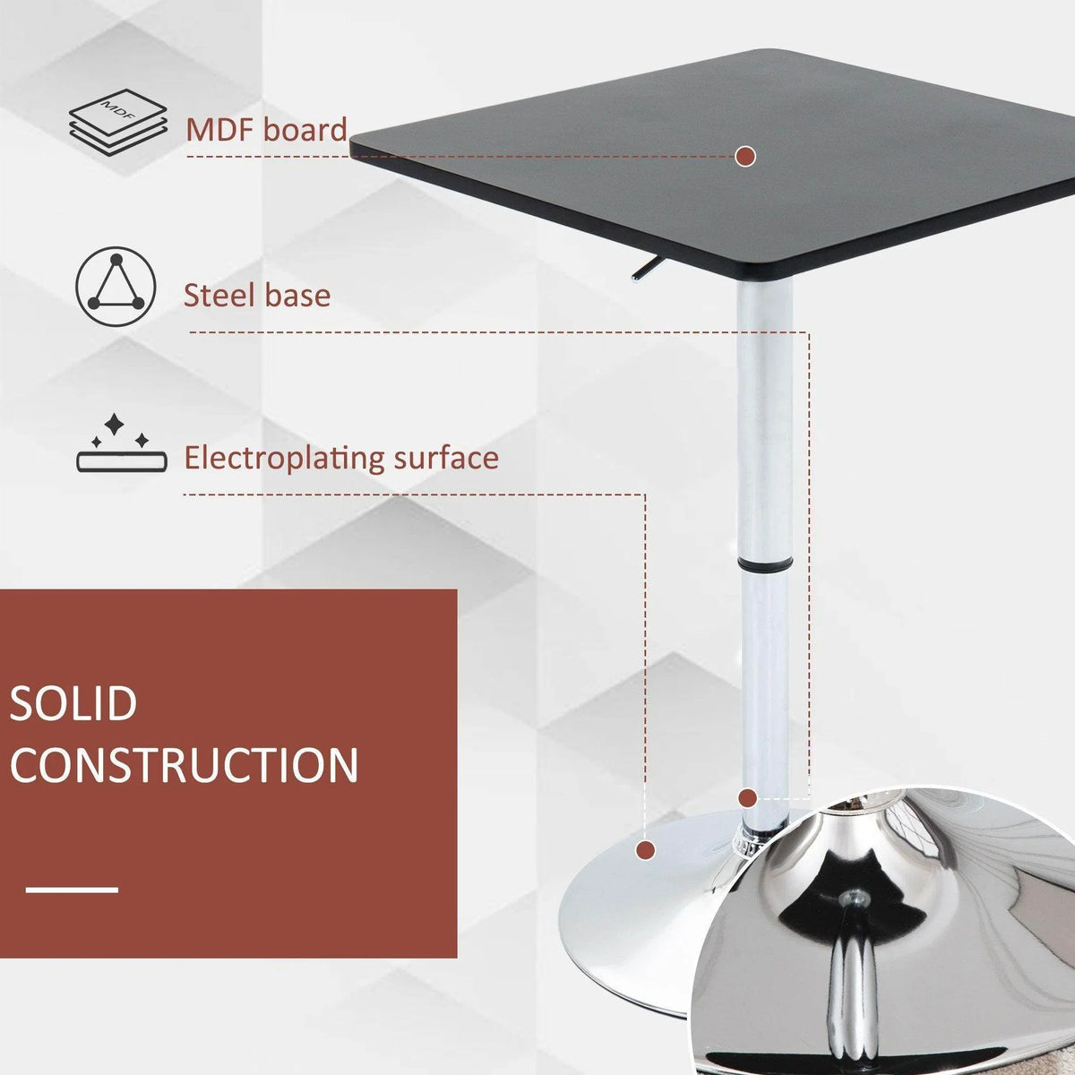 Black bar table with MDP board top, steel base, and chrome round pedestal base
