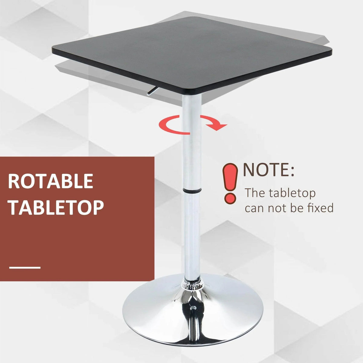 Rotatable black tabletop bar table with chrome pedestal and round swivel base