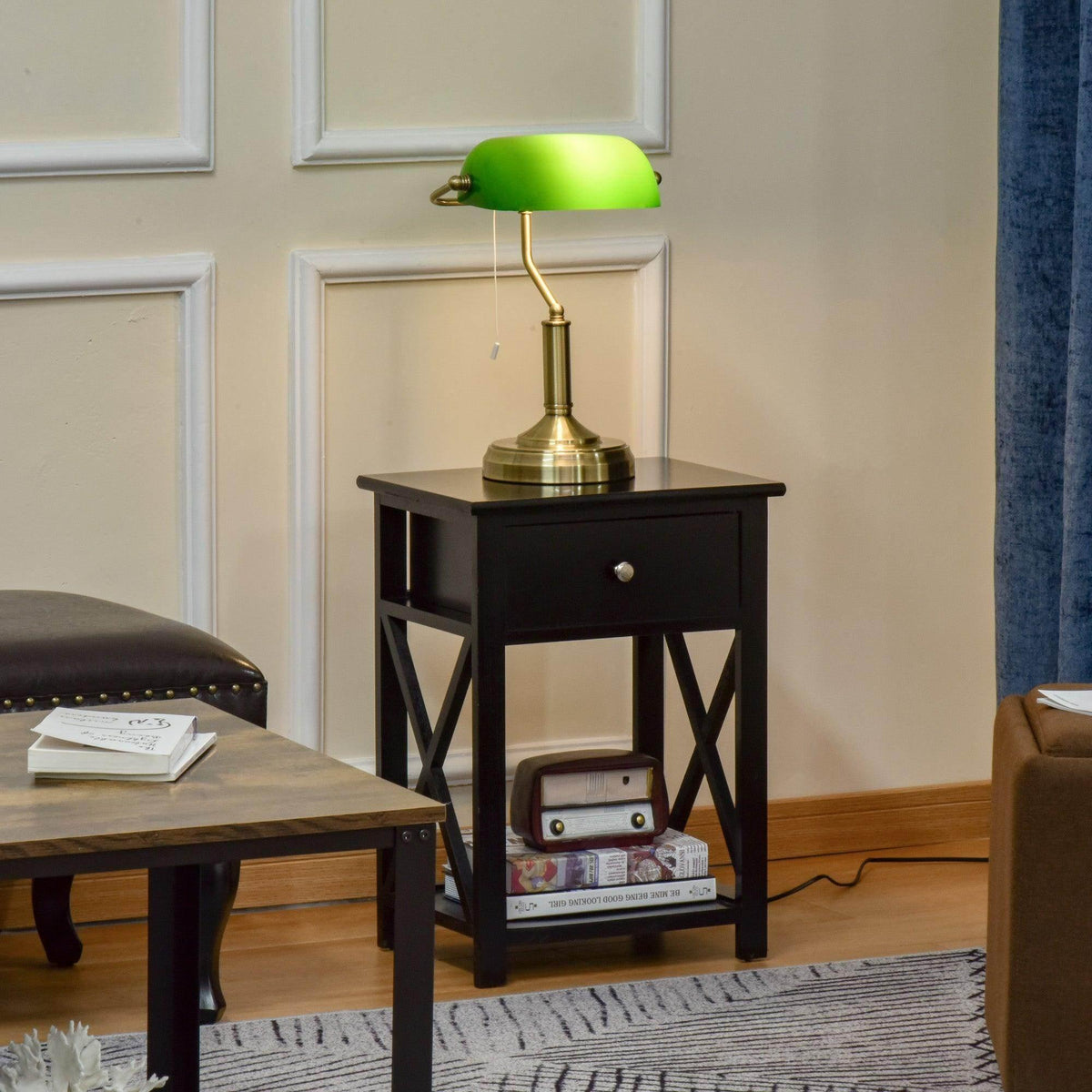 Antique bronze banker-style table lamp with green glass dome shade