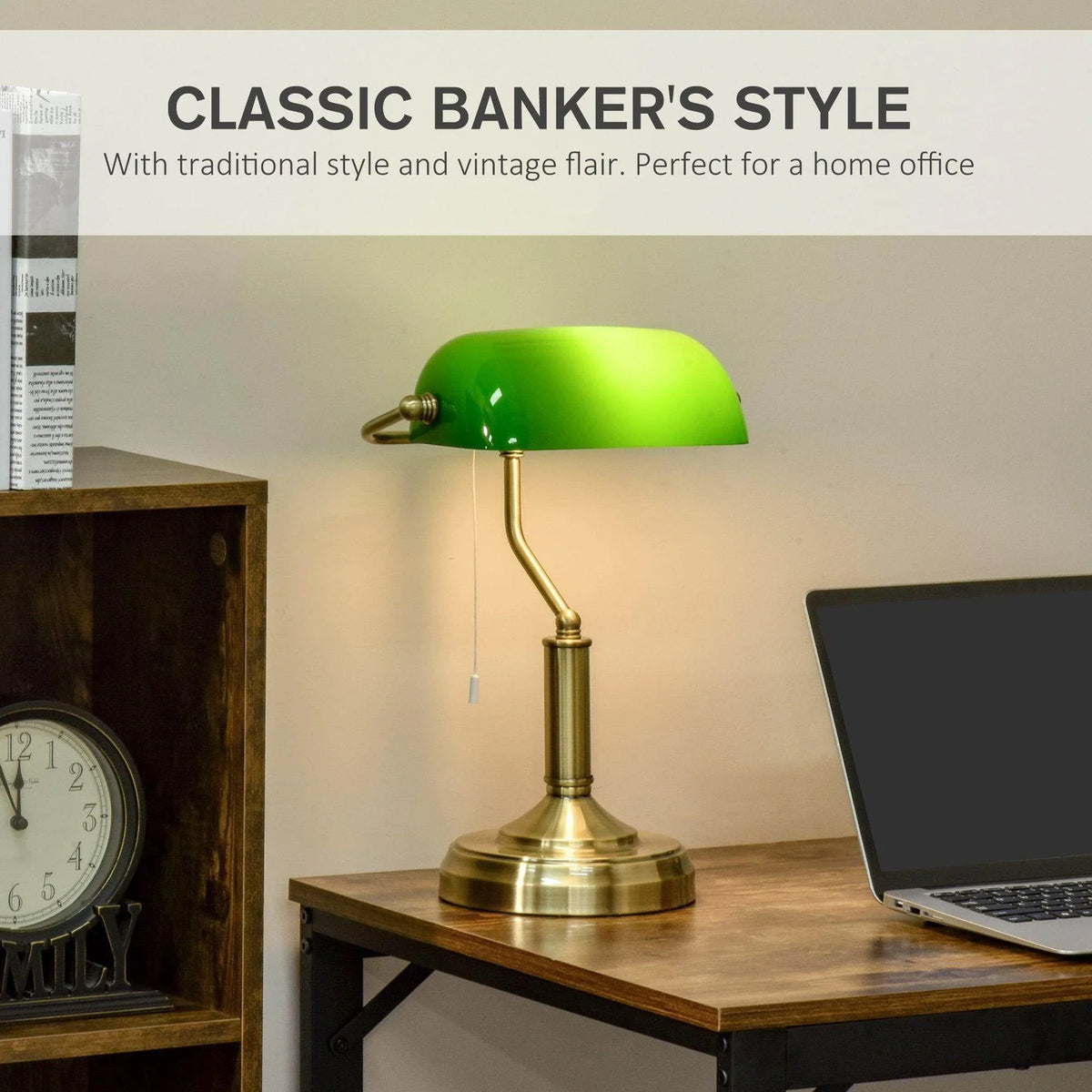 Banker-style desk lamp with glowing green glass shade and bronze stem