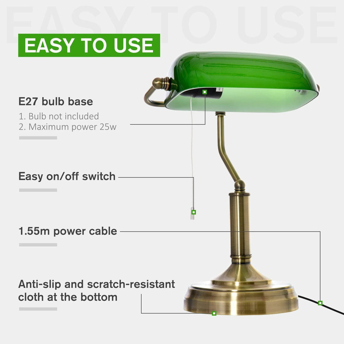 Green glass banker lamp shade with bronze stem and round base
