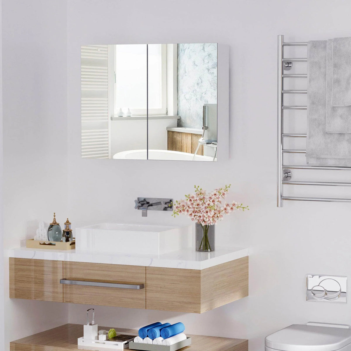 Wall-mounted bathroom mirror cabinet with double doors and interior storage shelves