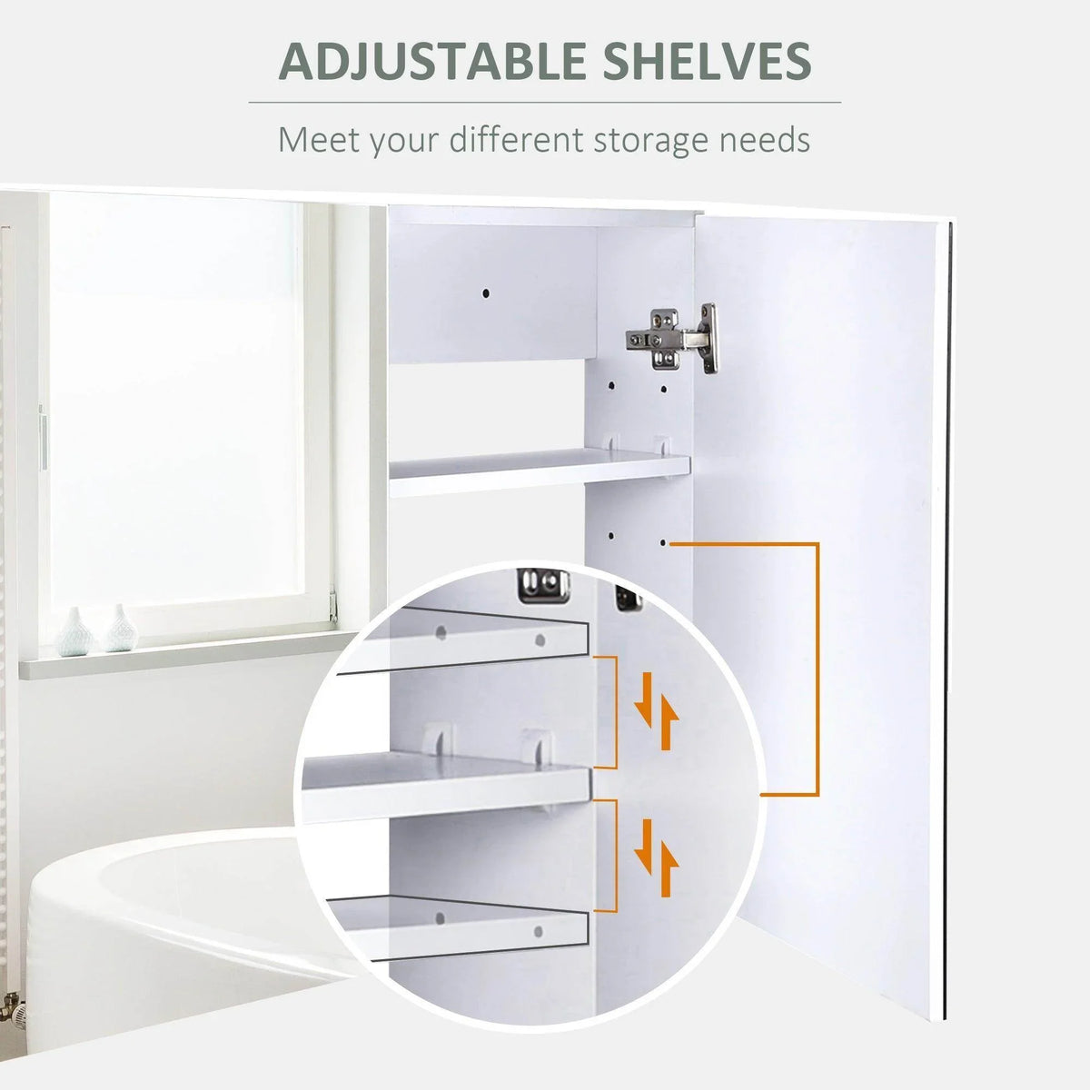Bathroom mirror cabinet with adjustable shelves and hinge hardware detail